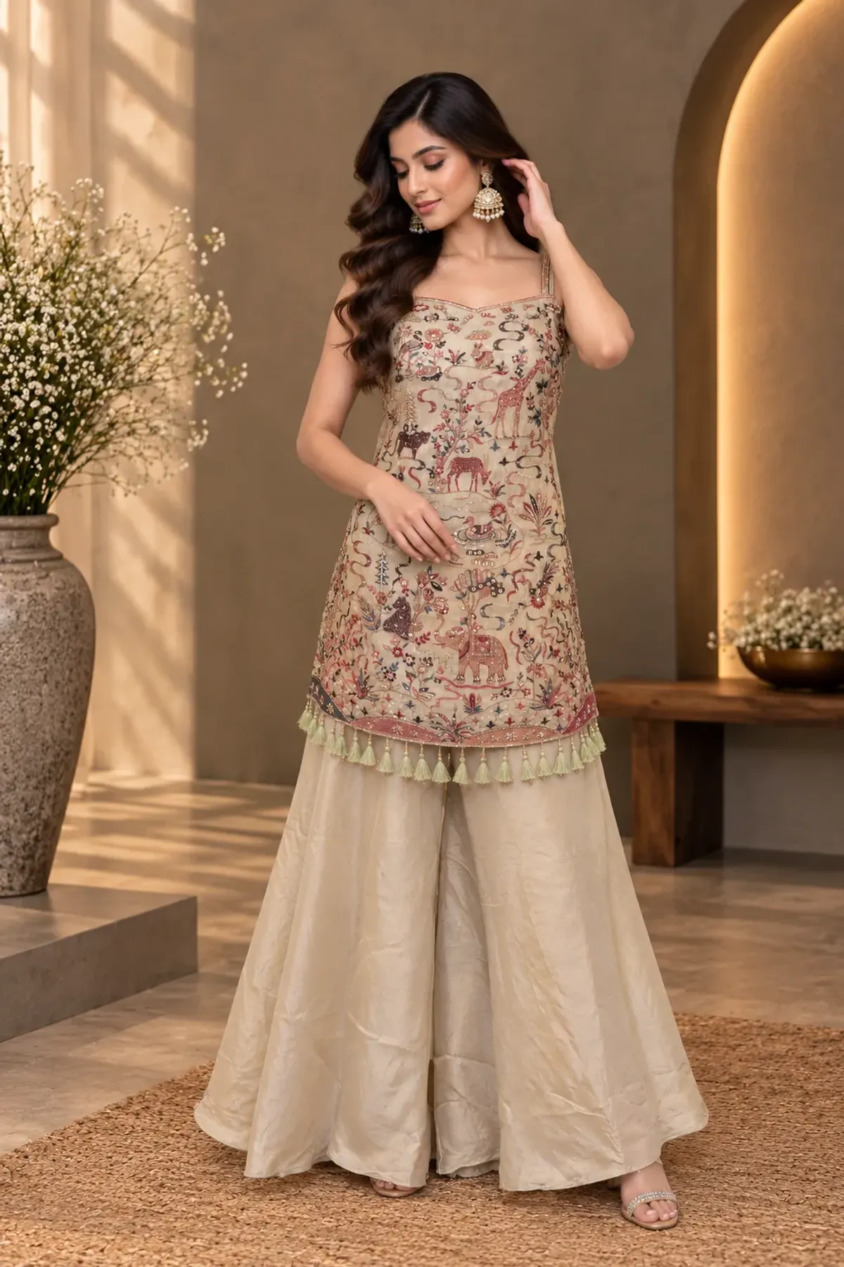 Beige Embroidered Elephant Motif Peplum Kurta Top
