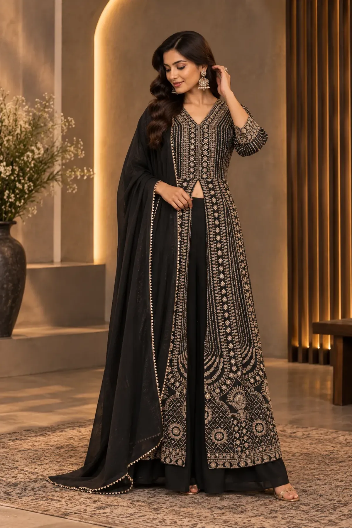 Black Embroidered Anarkali Suit with Palazzo Pants & Dupatta