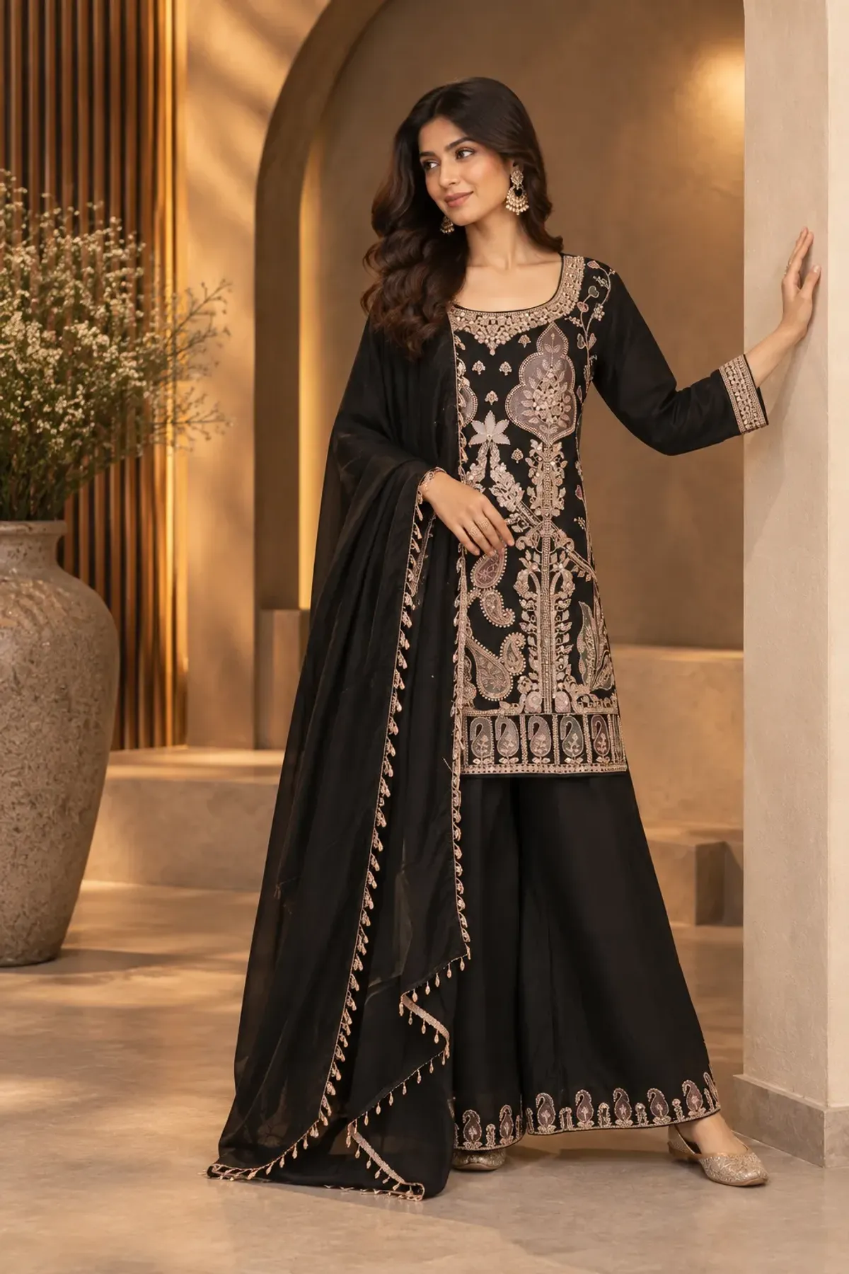 Black Embroidered Straight Kurta Palazzo Set with Dupatta
