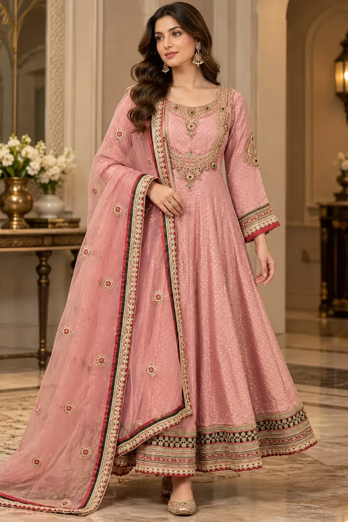Blush Pink Embroidered Anarkali Suit Set with Dupatta