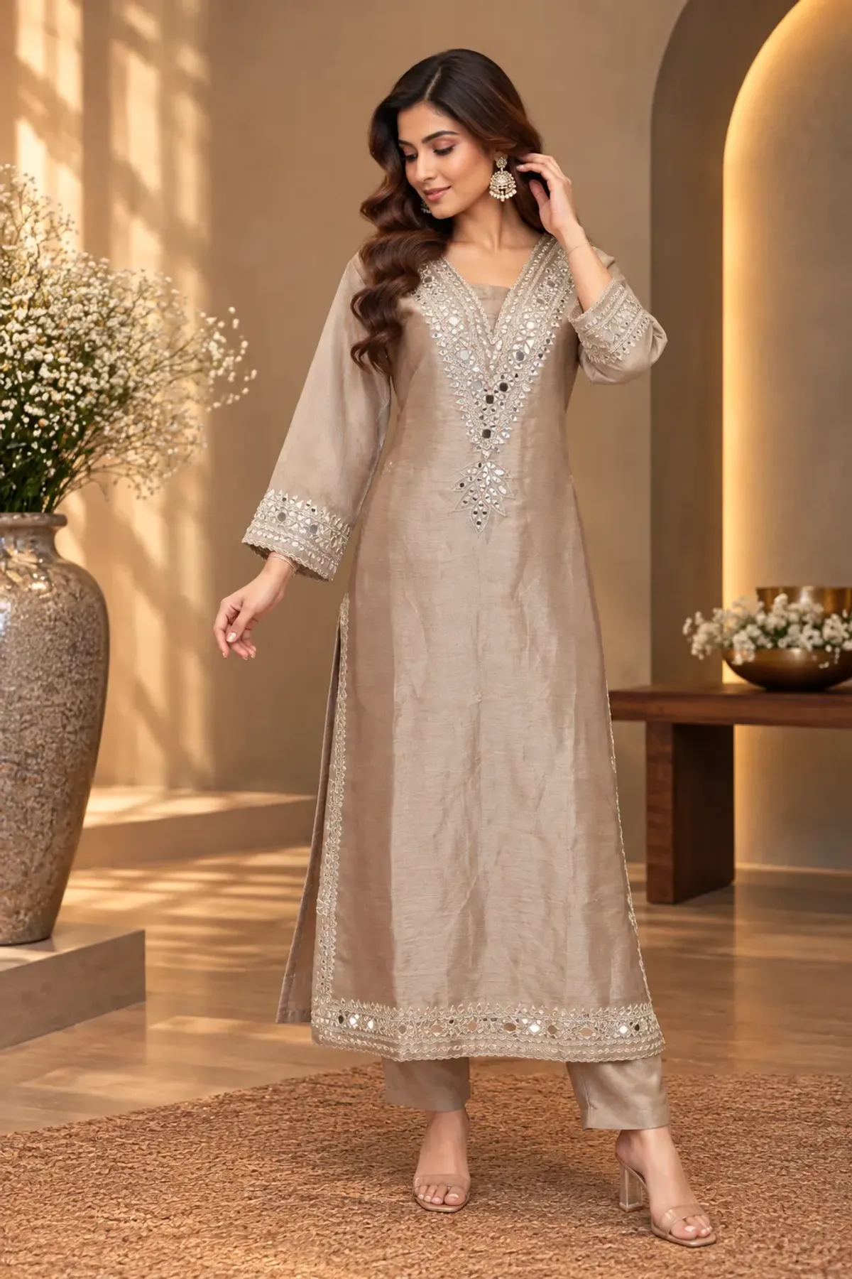 Champagne Beige Embellished Straight Kurta with Trousers