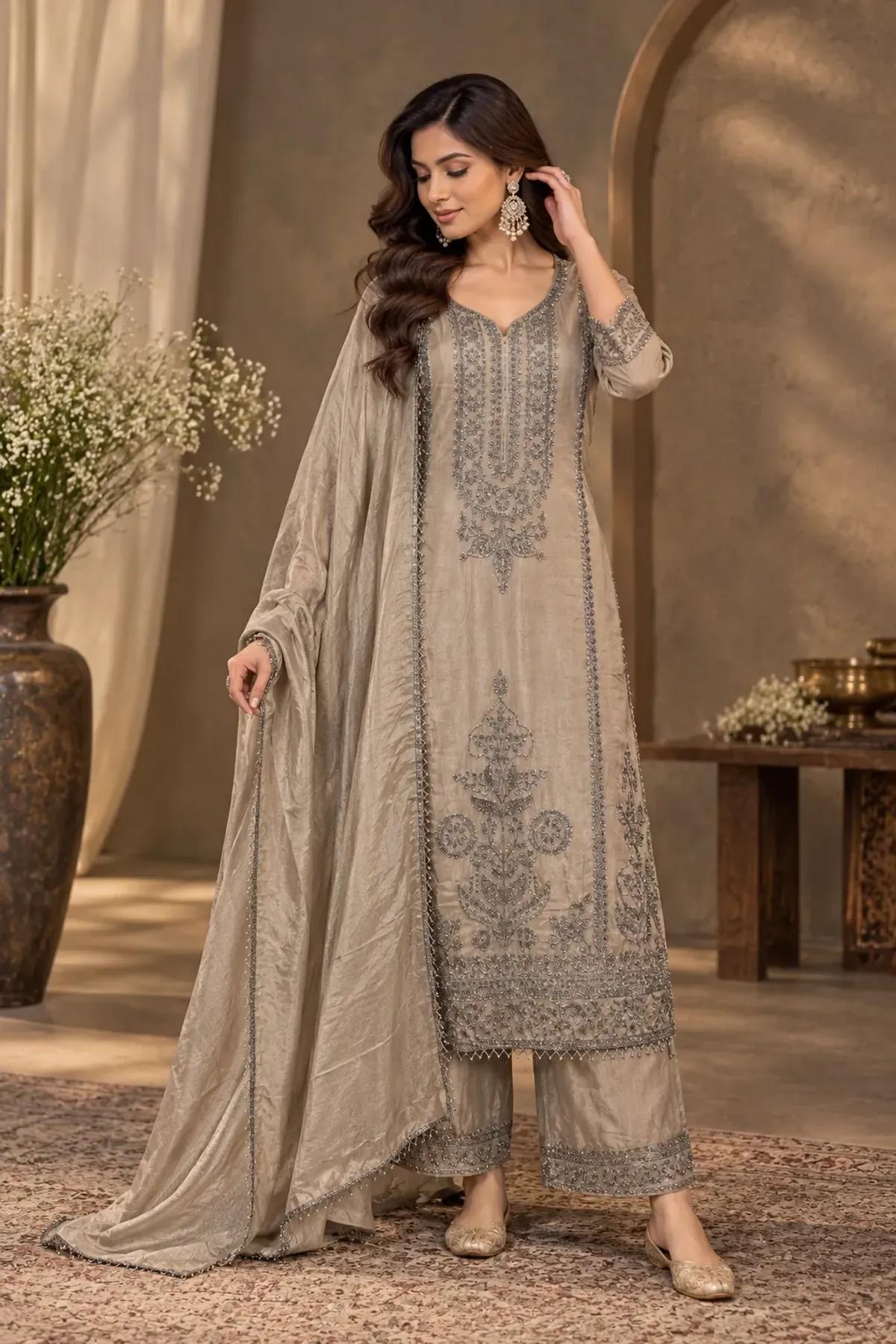 Champagne Beige Embroidered Straight Kurta with Cropped Pants & Dupatta