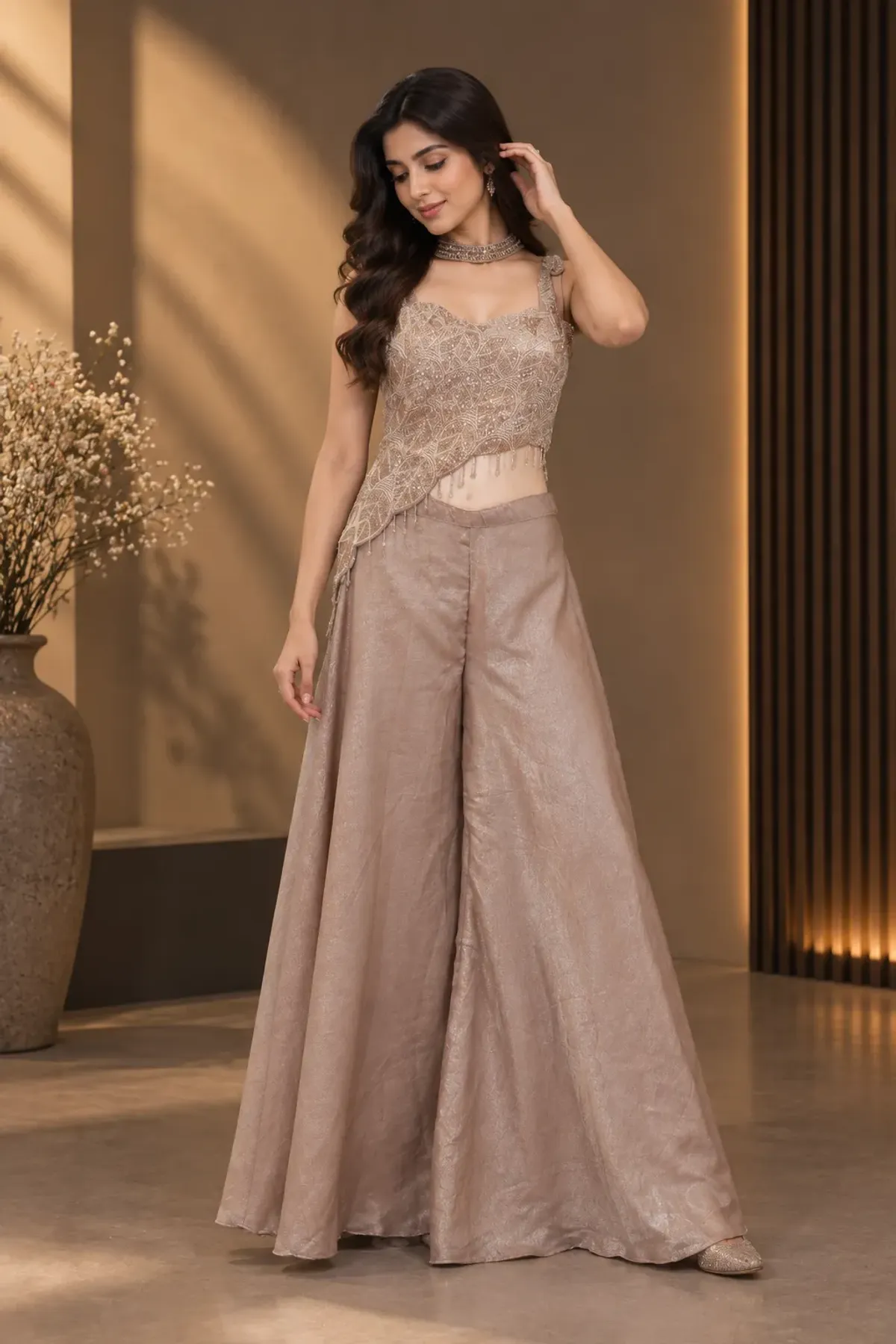 Champagne Embellished Asymmetric Crop Top with Wide-Leg Palazzo Set