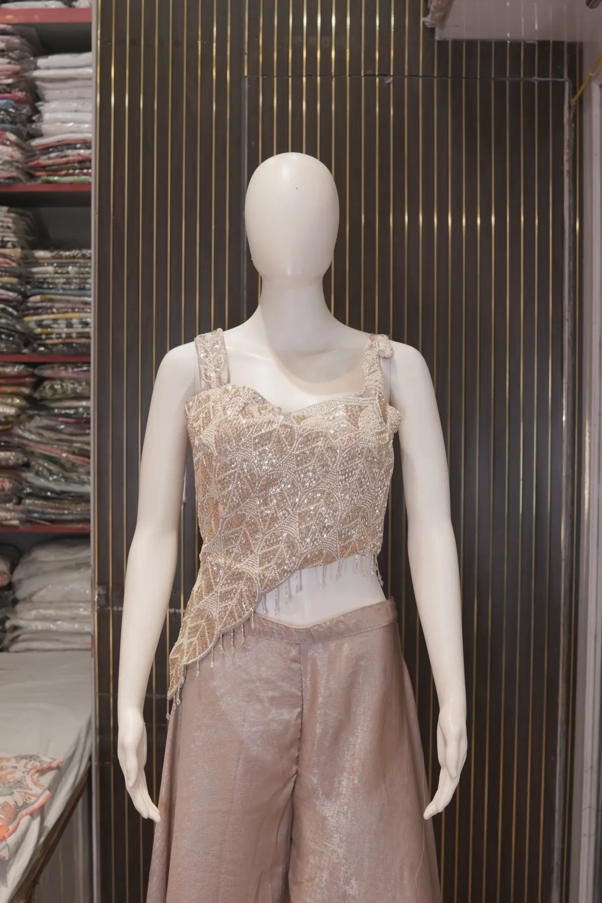 Champagne Embellished Asymmetric Crop Top with Wide-Leg Palazzo Set thumbnail 3