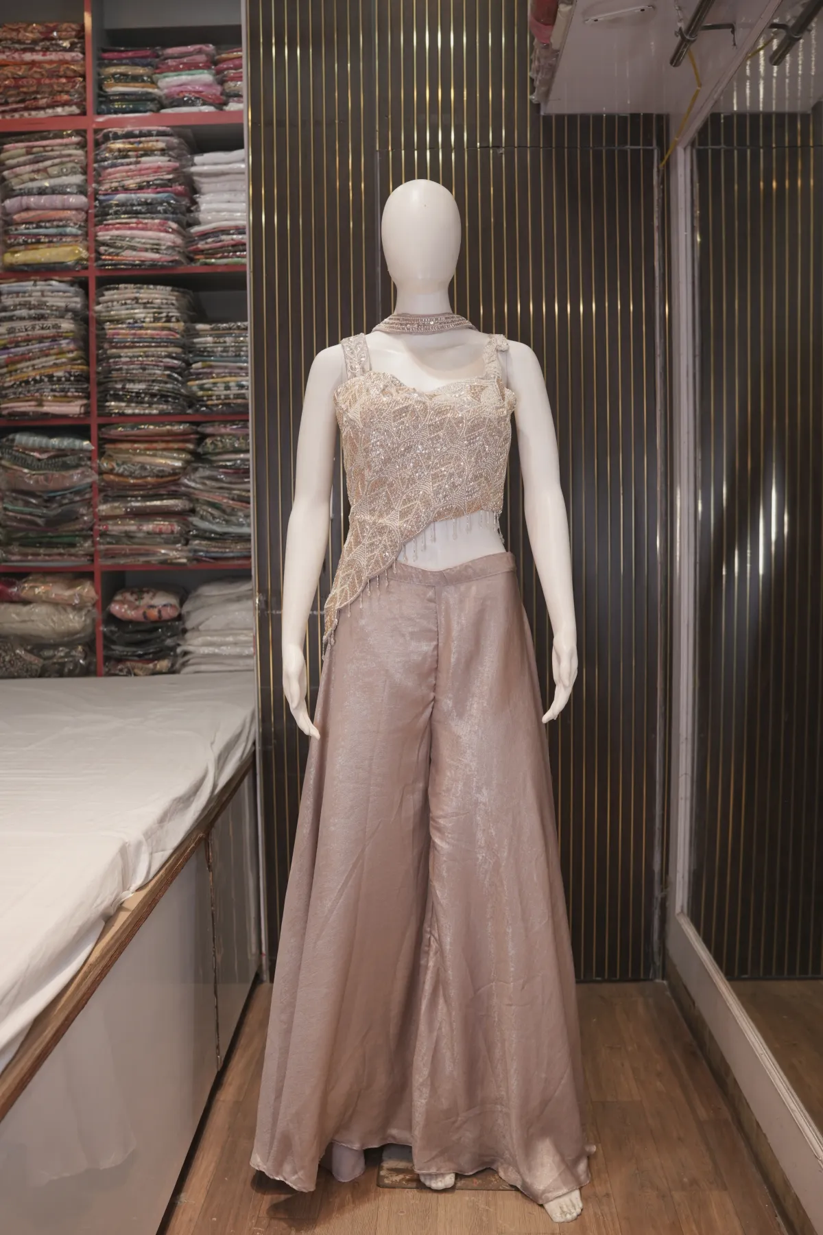 Champagne Embellished Asymmetric Crop Top with Wide-Leg Palazzo Set thumbnail 2