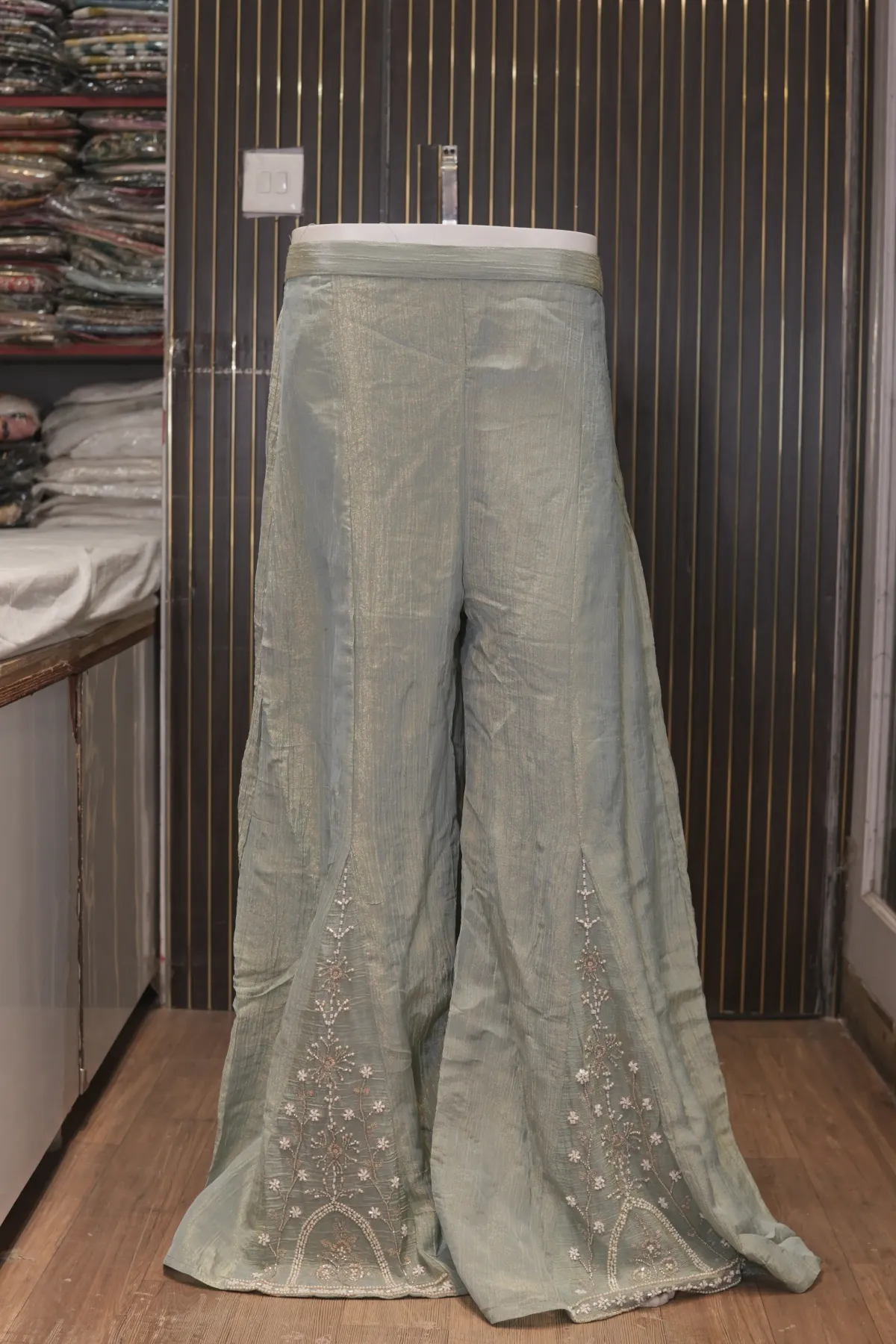 Sage Green Embroidered Corset Top with Wide-Leg Palazzo Set thumbnail 5