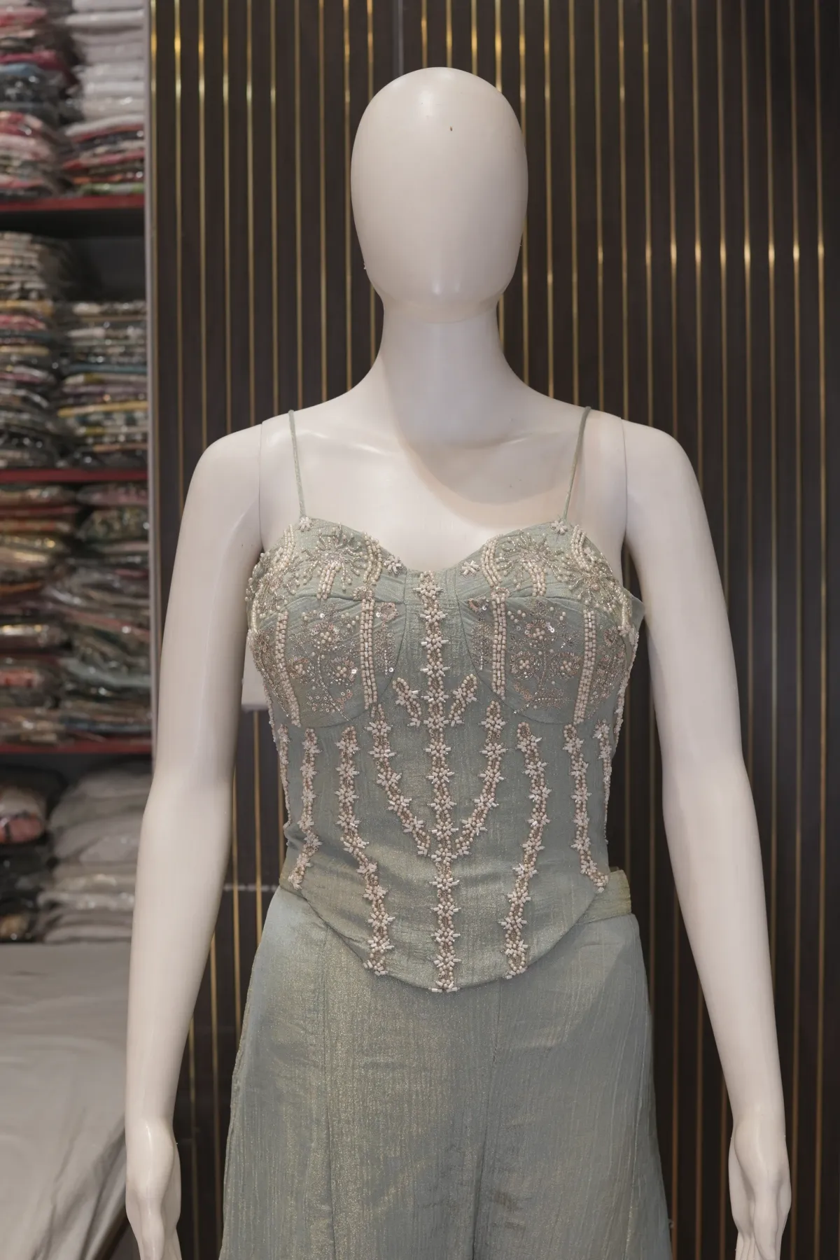 Sage Green Embroidered Corset Top with Wide-Leg Palazzo Set thumbnail 3
