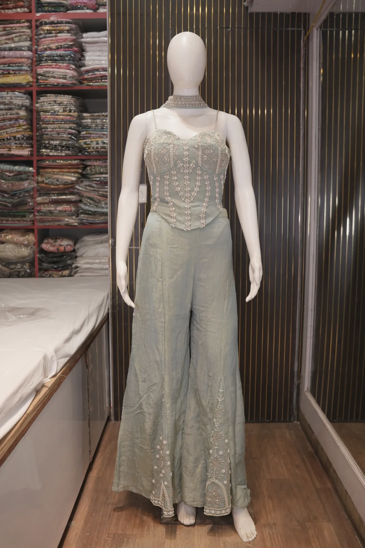 Sage Green Embroidered Corset Top with Wide-Leg Palazzo Set thumbnail 2