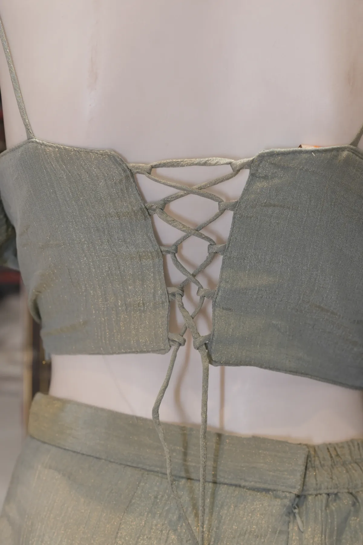 Sage Green Embroidered Corset Top with Wide-Leg Palazzo Set thumbnail 4