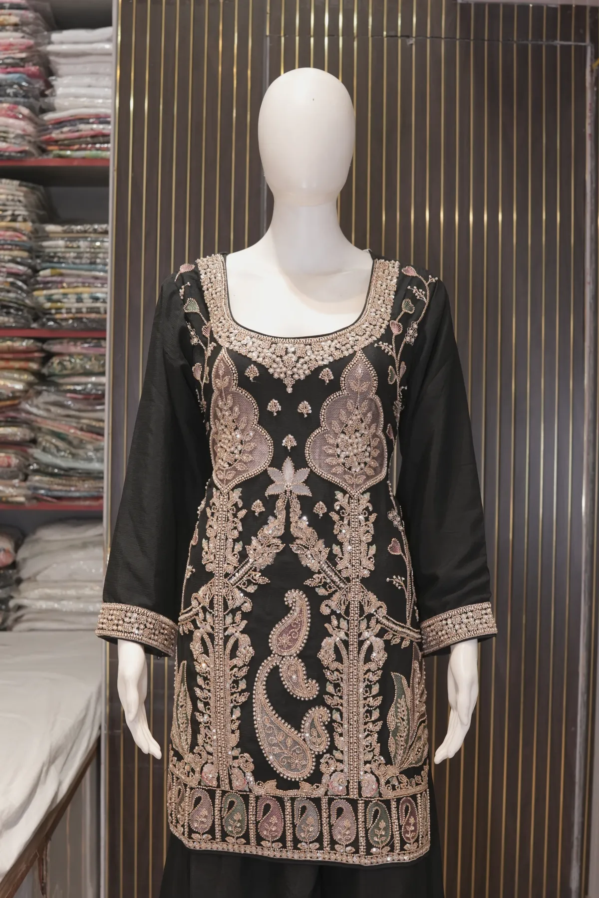 Black Embroidered Straight Kurta Palazzo Set with Dupatta thumbnail 3
