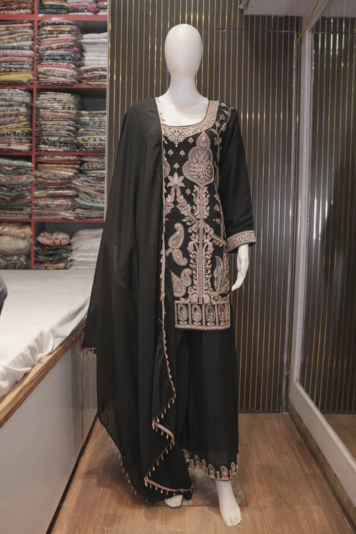 Black Embroidered Straight Kurta Palazzo Set with Dupatta thumbnail 2