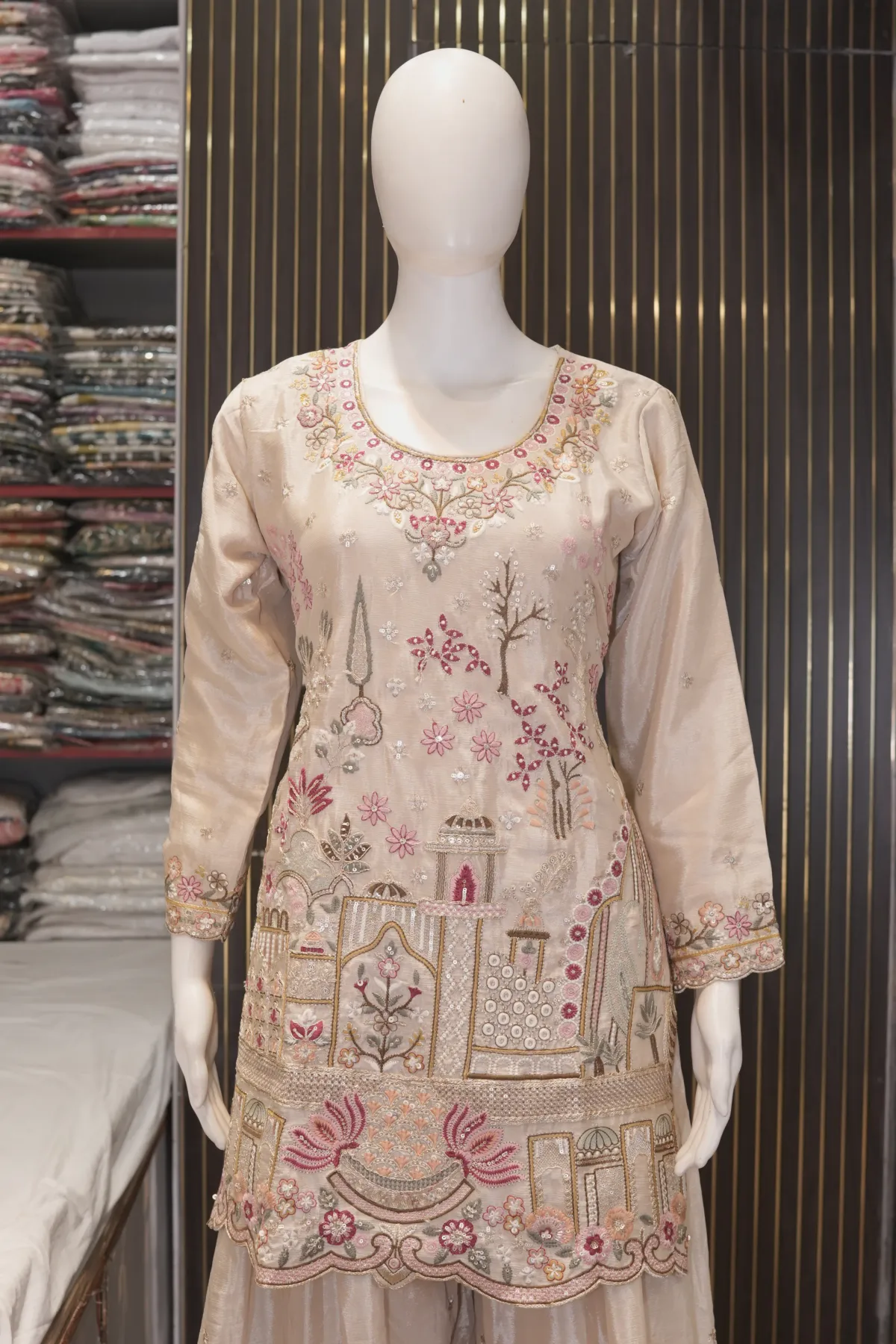 Ivory Embroidered Straight Kurta with Palazzo Pants & Dupatta thumbnail 3