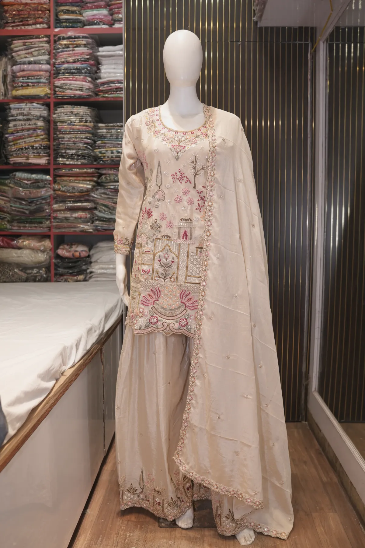 Ivory Embroidered Straight Kurta with Palazzo Pants & Dupatta thumbnail 2