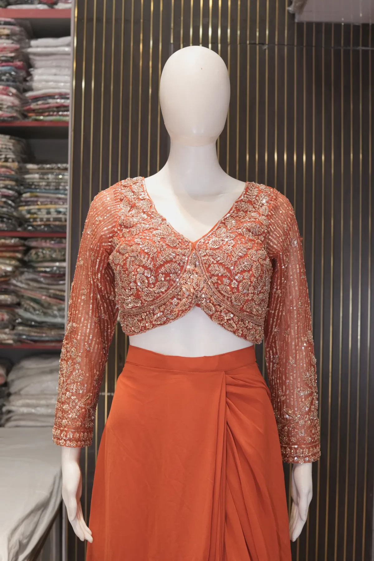 Rust Orange Draped Saree Gown with Embellished Blouse thumbnail 3