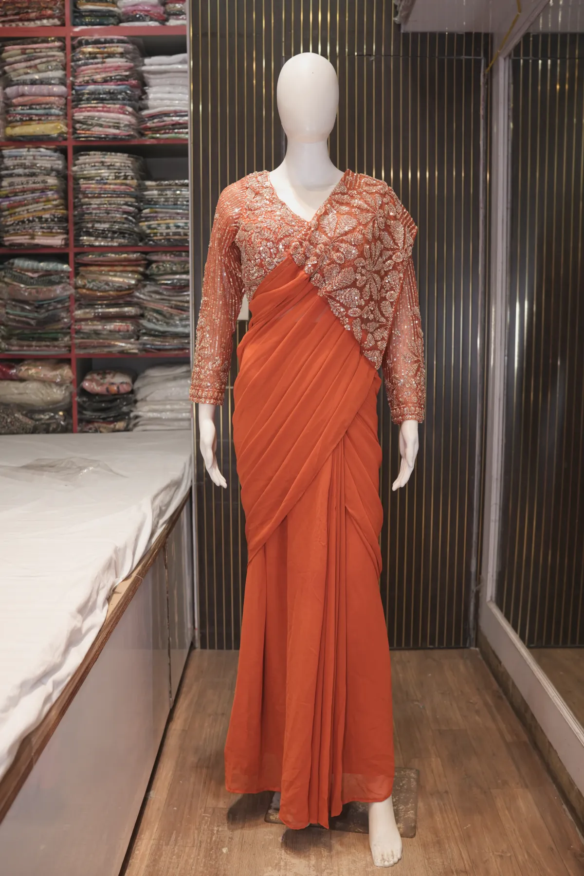 Rust Orange Draped Saree Gown with Embellished Blouse thumbnail 2