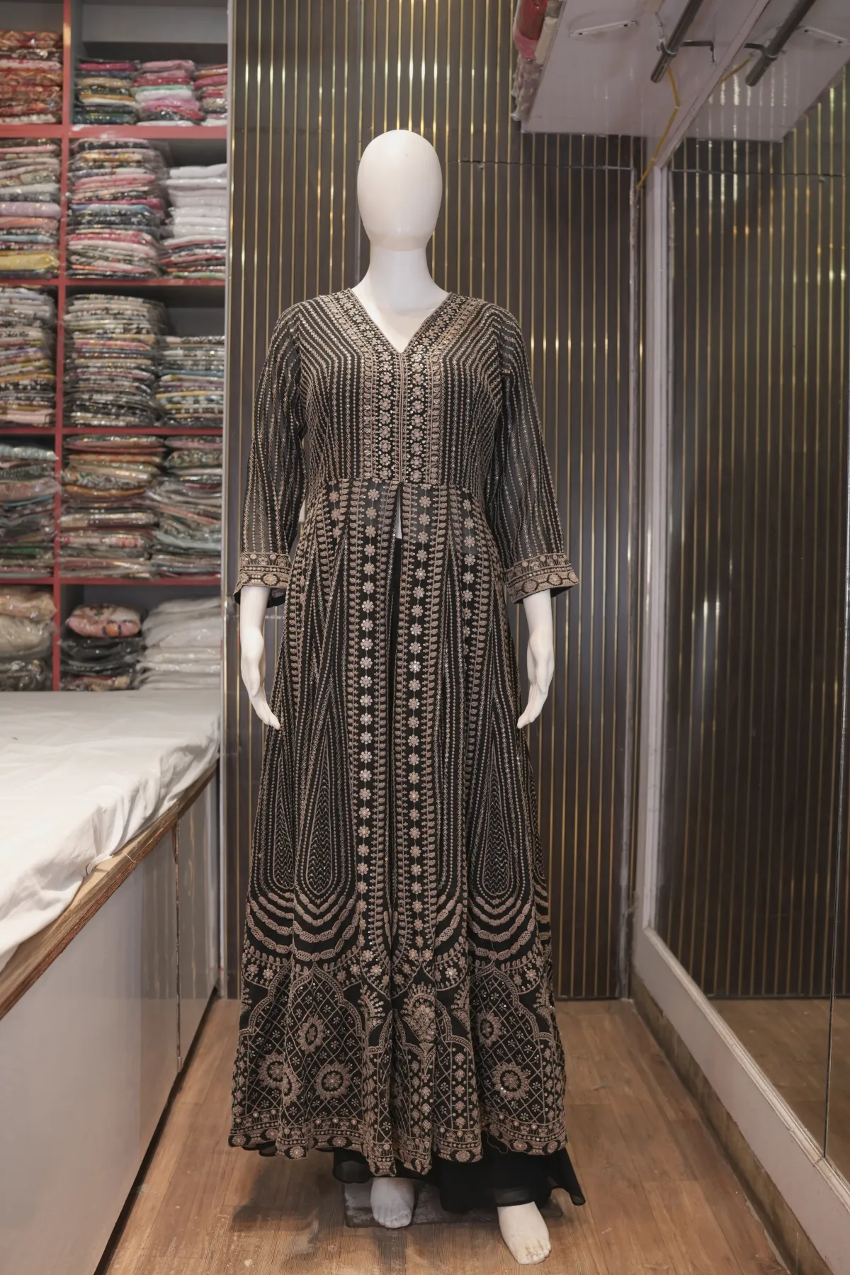 Black Embroidered Anarkali Suit with Palazzo Pants & Dupatta thumbnail 4