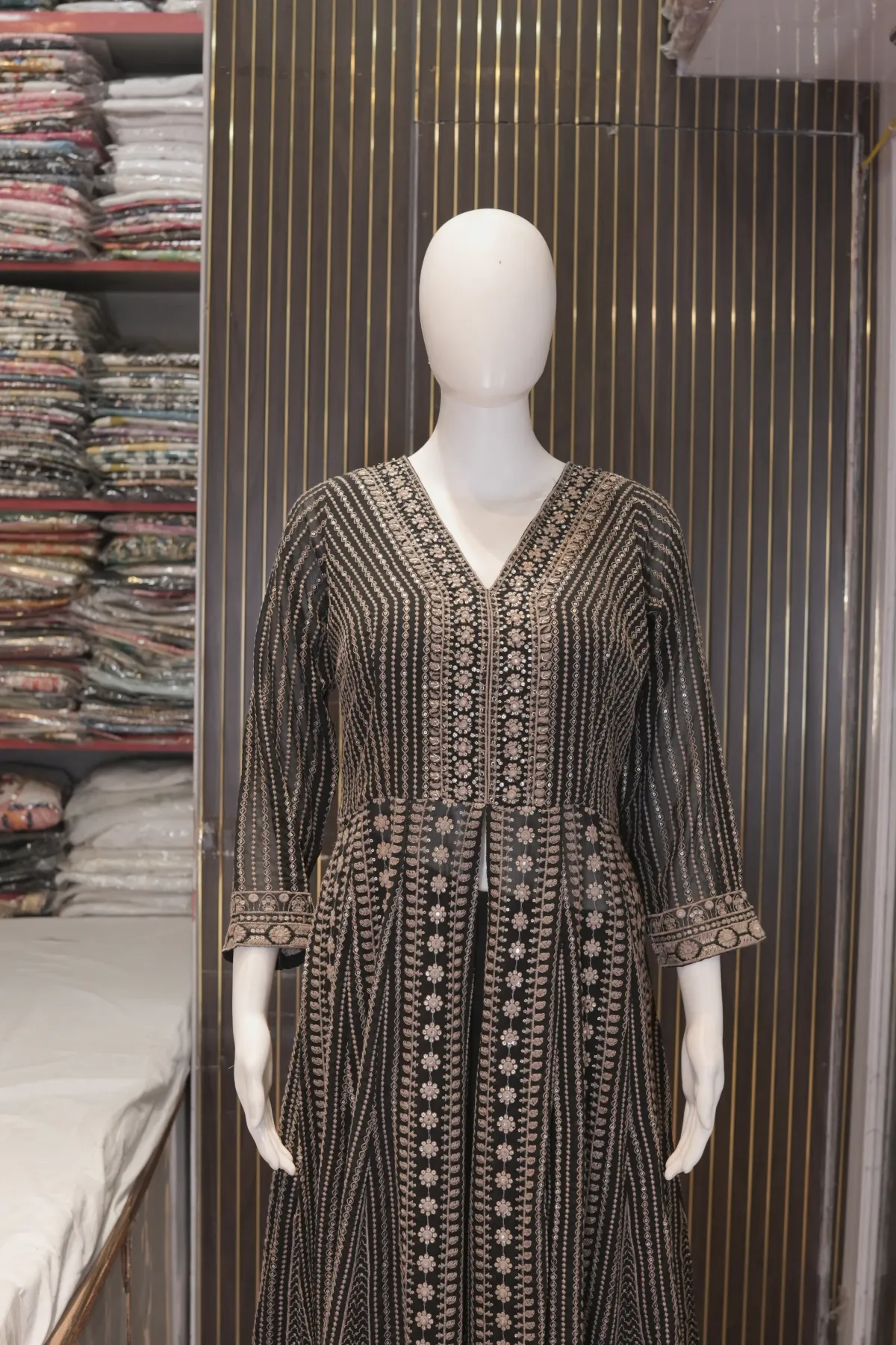 Black Embroidered Anarkali Suit with Palazzo Pants & Dupatta thumbnail 6
