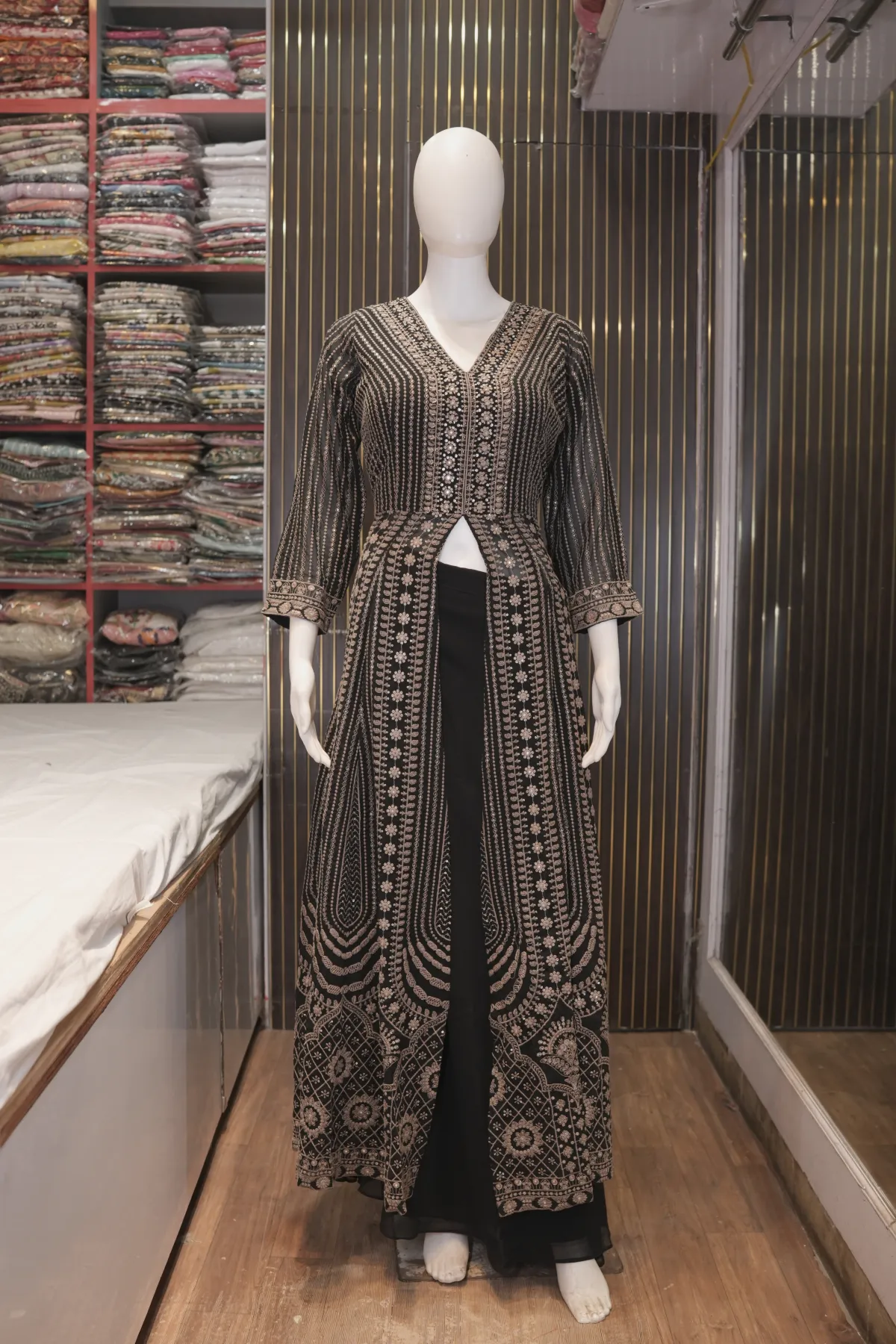 Black Embroidered Anarkali Suit with Palazzo Pants & Dupatta thumbnail 5
