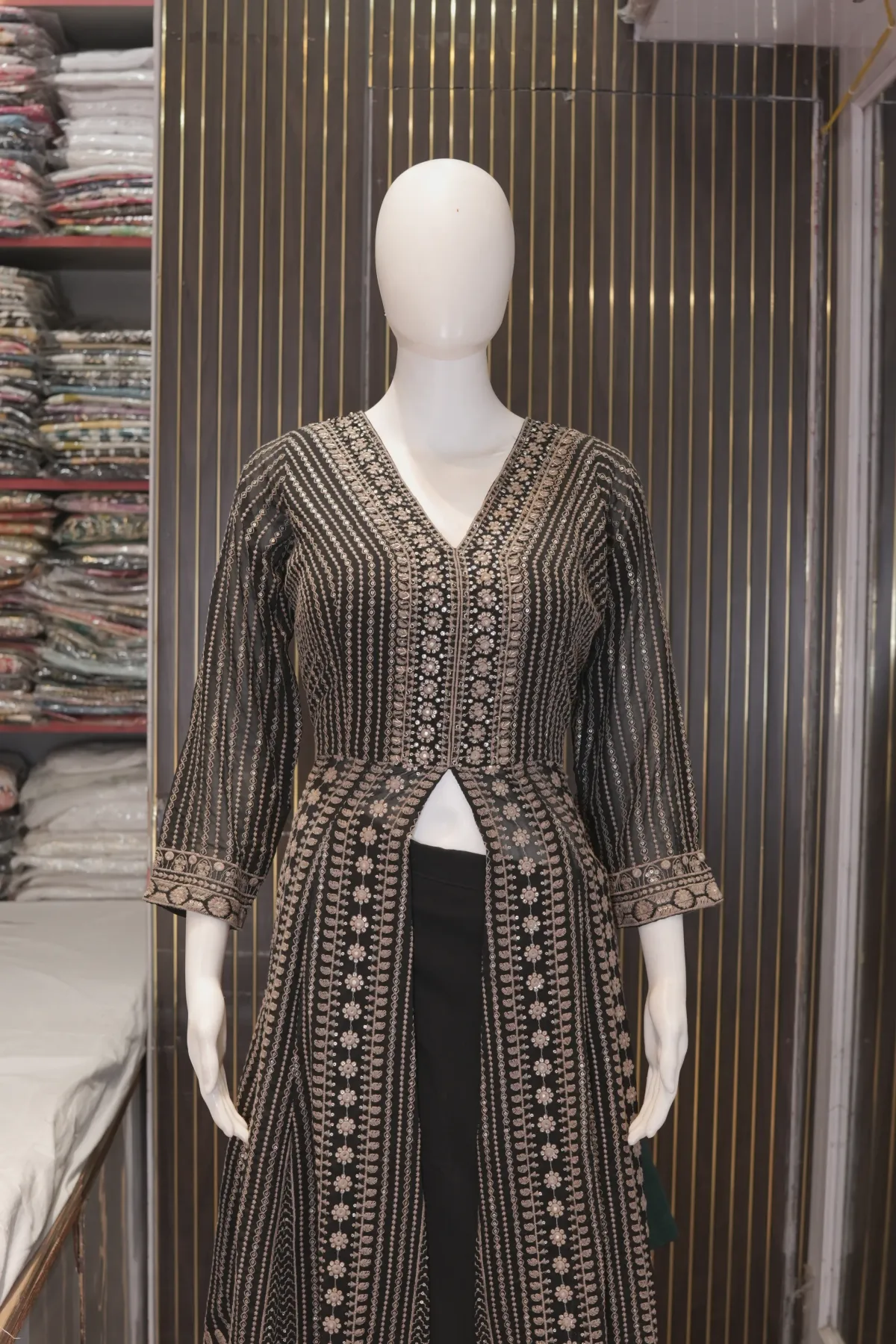 Black Embroidered Anarkali Suit with Palazzo Pants & Dupatta thumbnail 7