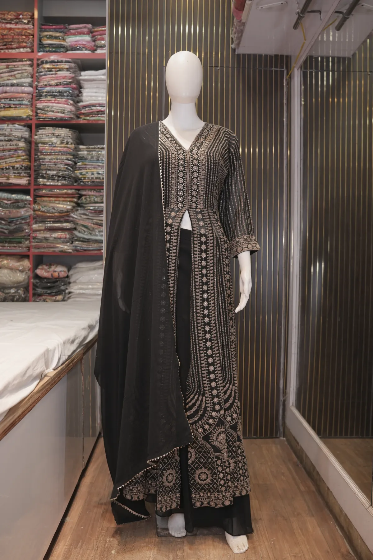 Black Embroidered Anarkali Suit with Palazzo Pants & Dupatta thumbnail 2