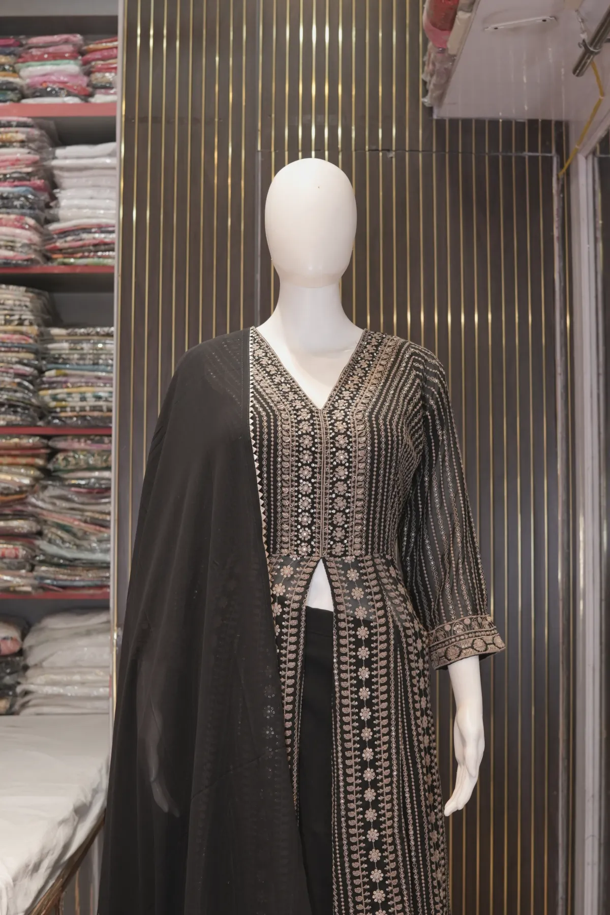 Black Embroidered Anarkali Suit with Palazzo Pants & Dupatta thumbnail 3