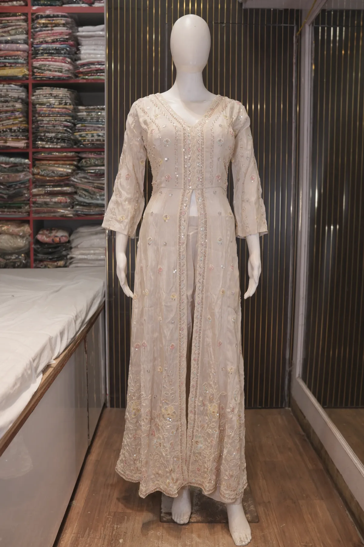 Ivory Embroidered Long Kurta with Straight Pants & Dupatta thumbnail 4