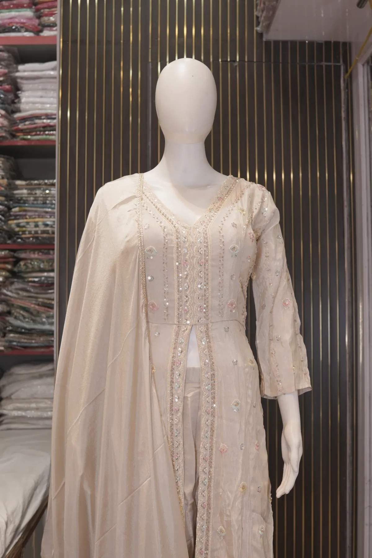 Ivory Embroidered Long Kurta with Straight Pants & Dupatta thumbnail 3