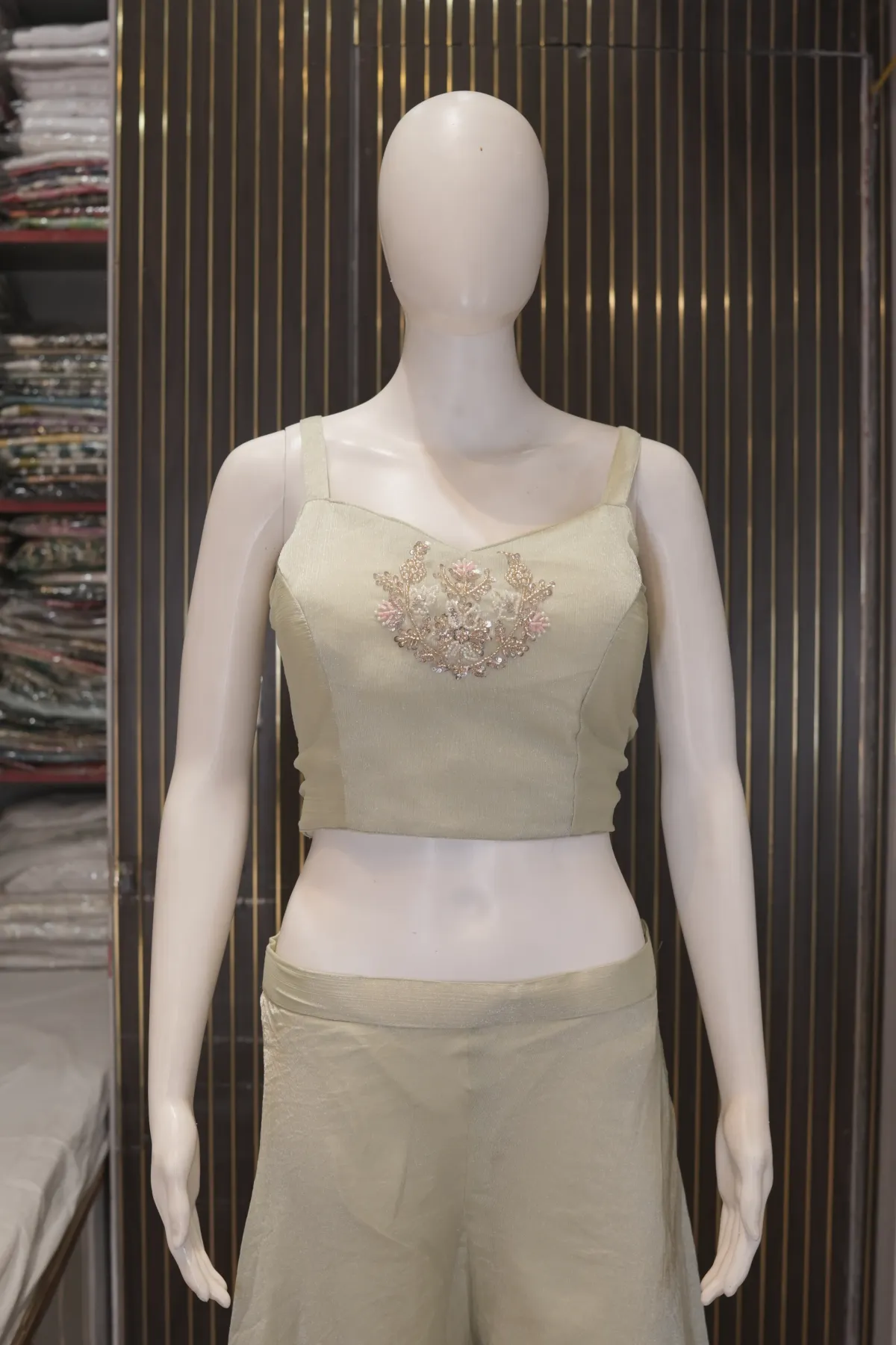 Pastel Sage Green Embroidered Kurta with Palazzo Pants & Dupatta thumbnail 5