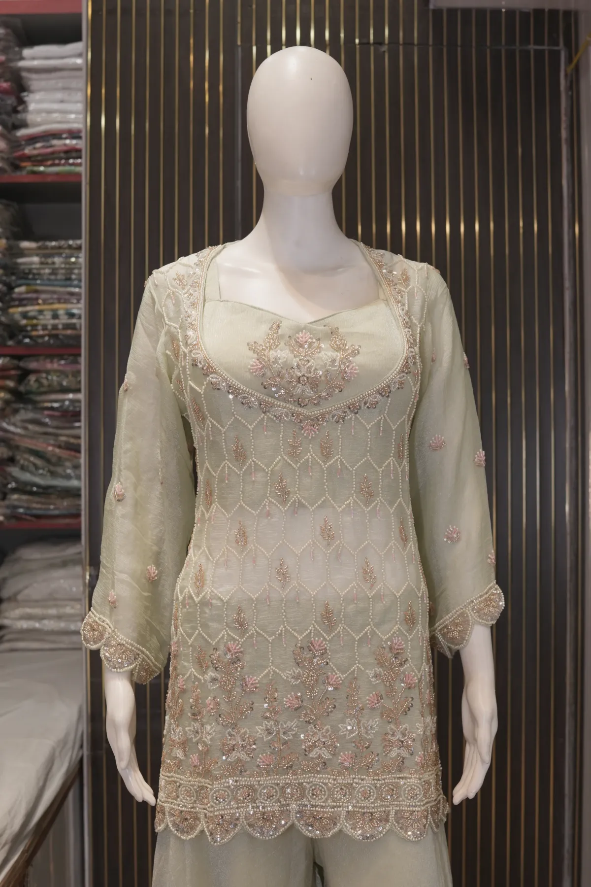 Pastel Sage Green Embroidered Kurta with Palazzo Pants & Dupatta thumbnail 4
