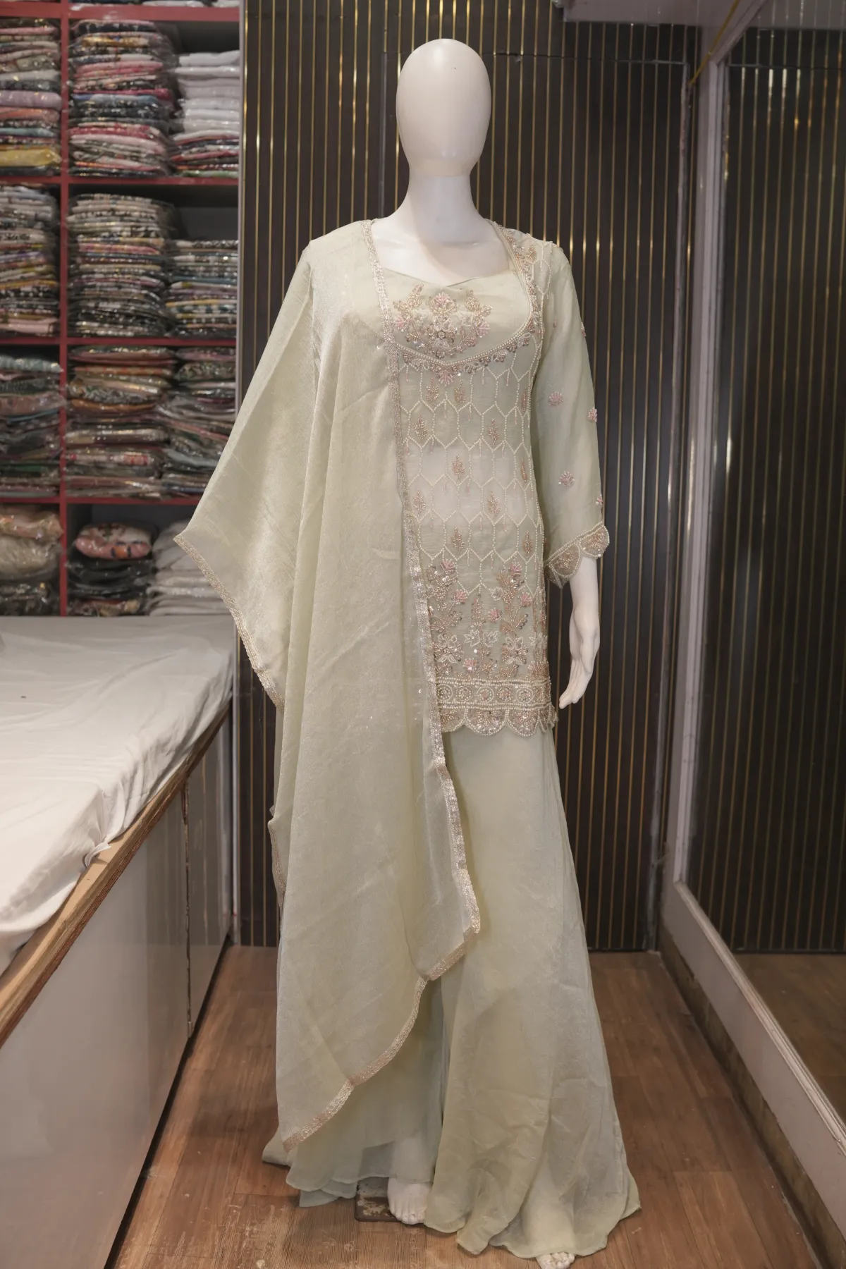 Pastel Sage Green Embroidered Kurta with Palazzo Pants & Dupatta thumbnail 2