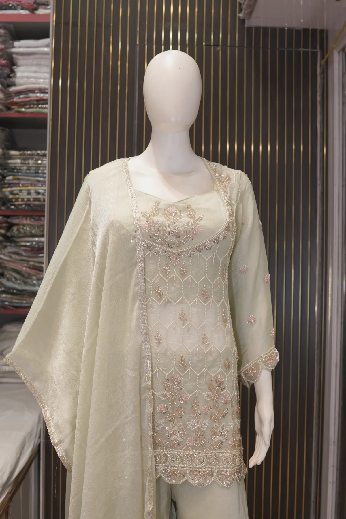 Pastel Sage Green Embroidered Kurta with Palazzo Pants & Dupatta thumbnail 3