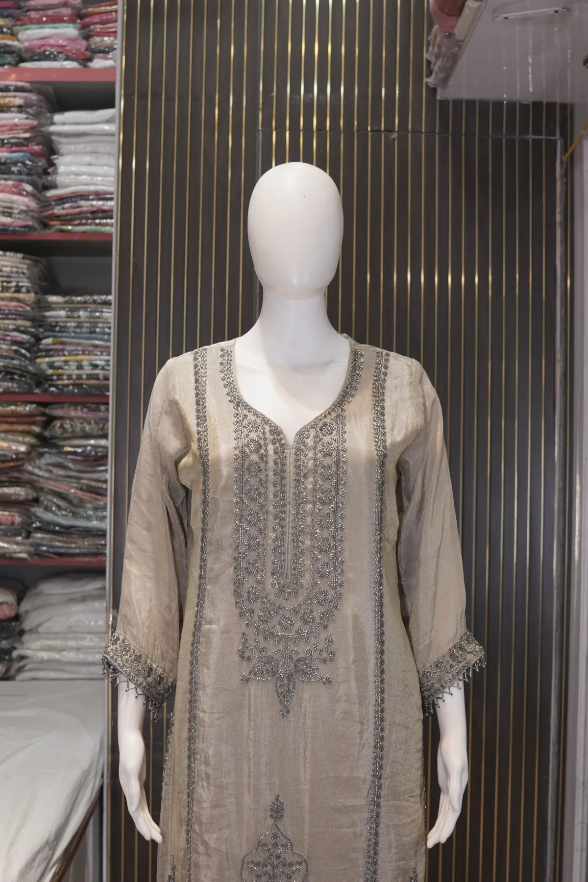 Champagne Beige Embroidered Straight Kurta with Cropped Pants & Dupatta thumbnail 4