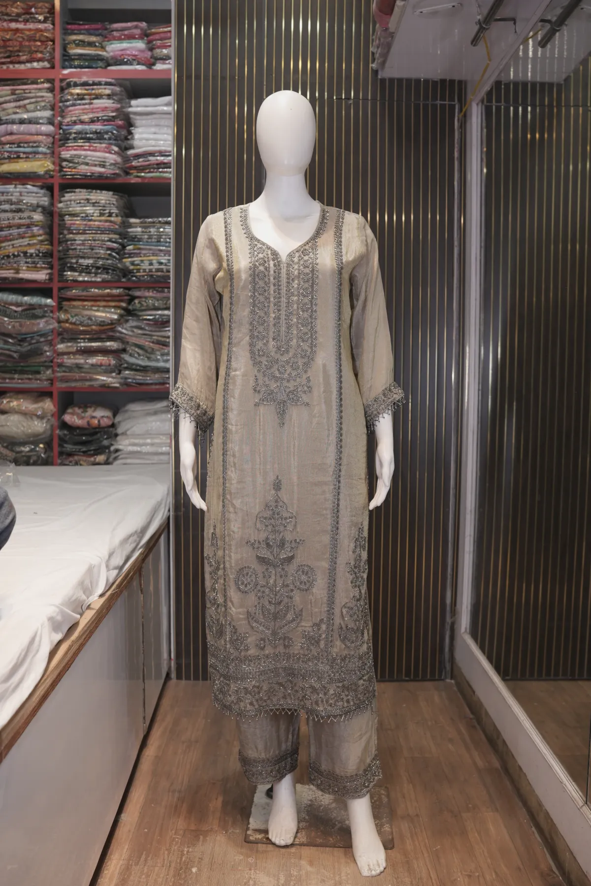 Champagne Beige Embroidered Straight Kurta with Cropped Pants & Dupatta thumbnail 3