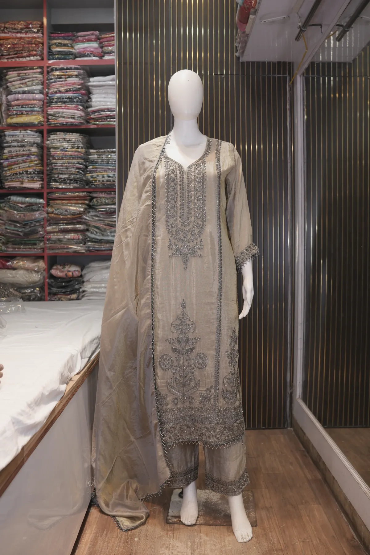 Champagne Beige Embroidered Straight Kurta with Cropped Pants & Dupatta thumbnail 2