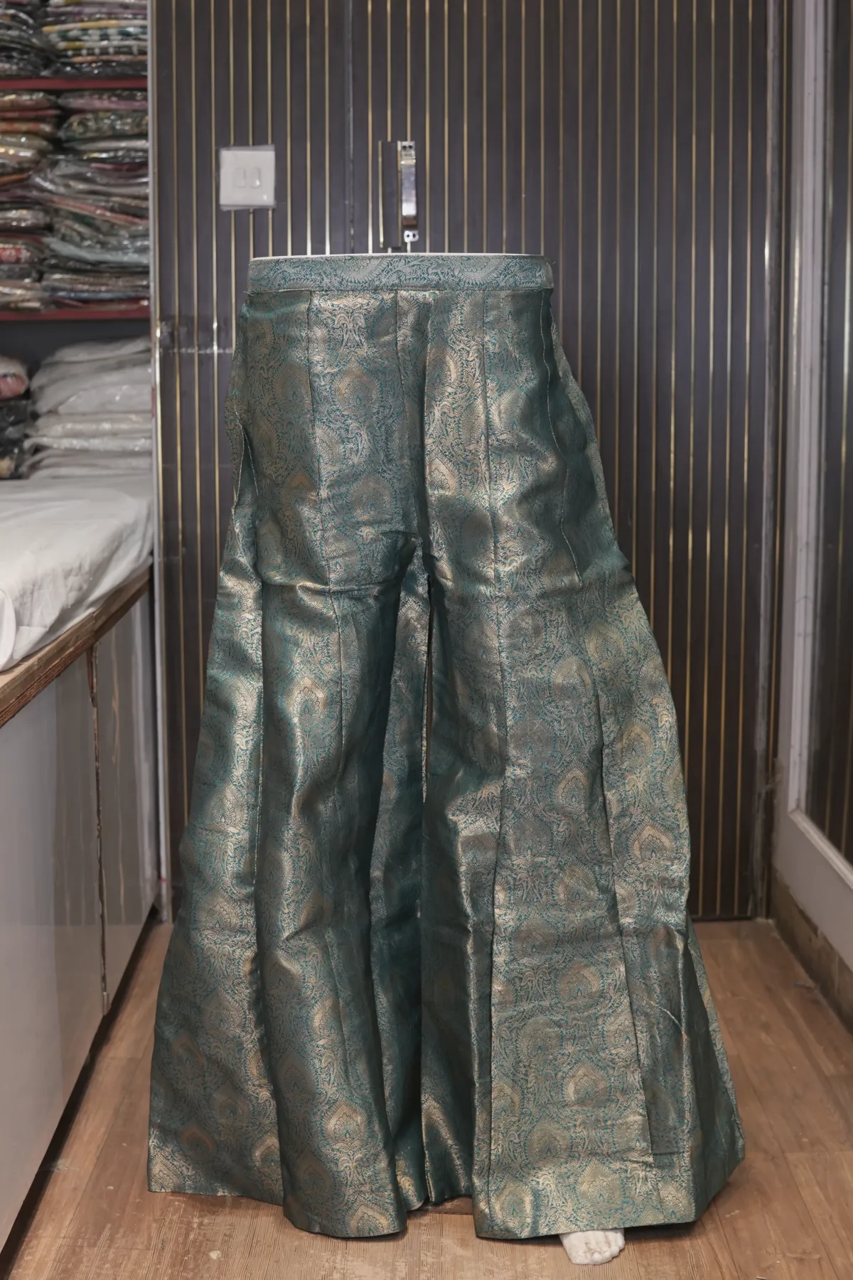 Teal Blue Brocade Peplum Top with Flared Palazzo Pants thumbnail 4