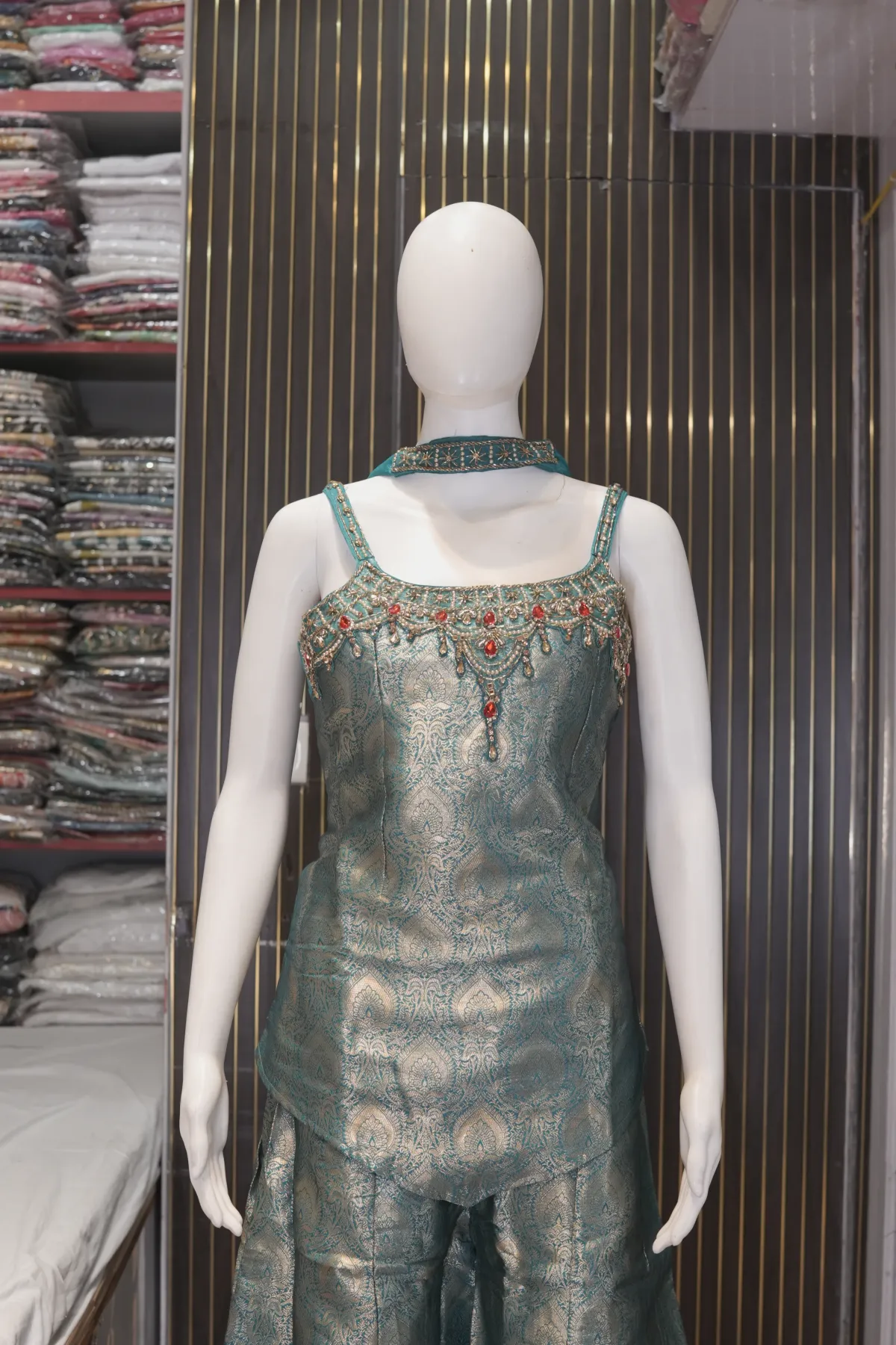 Teal Blue Brocade Peplum Top with Flared Palazzo Pants thumbnail 3
