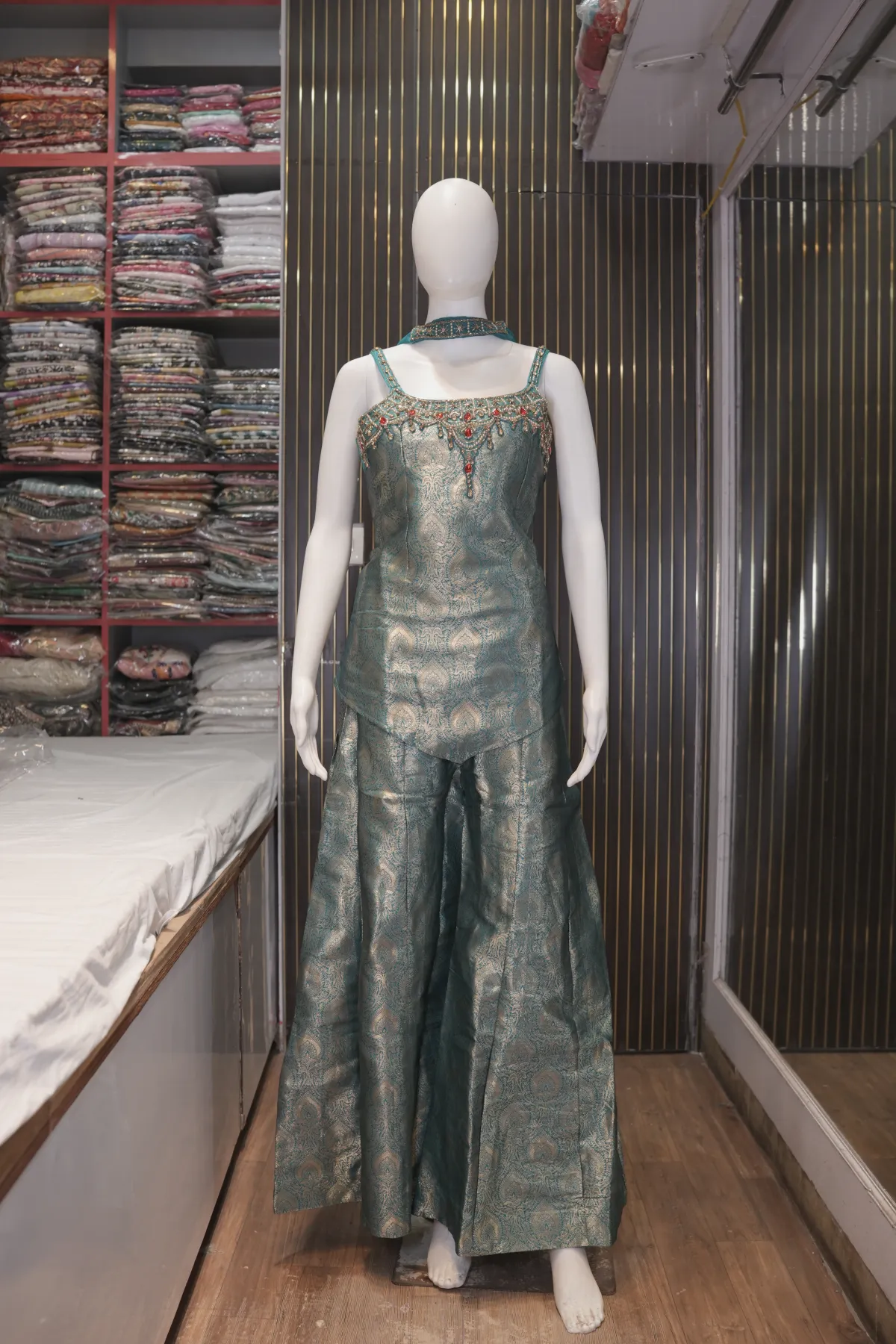 Teal Blue Brocade Peplum Top with Flared Palazzo Pants thumbnail 2