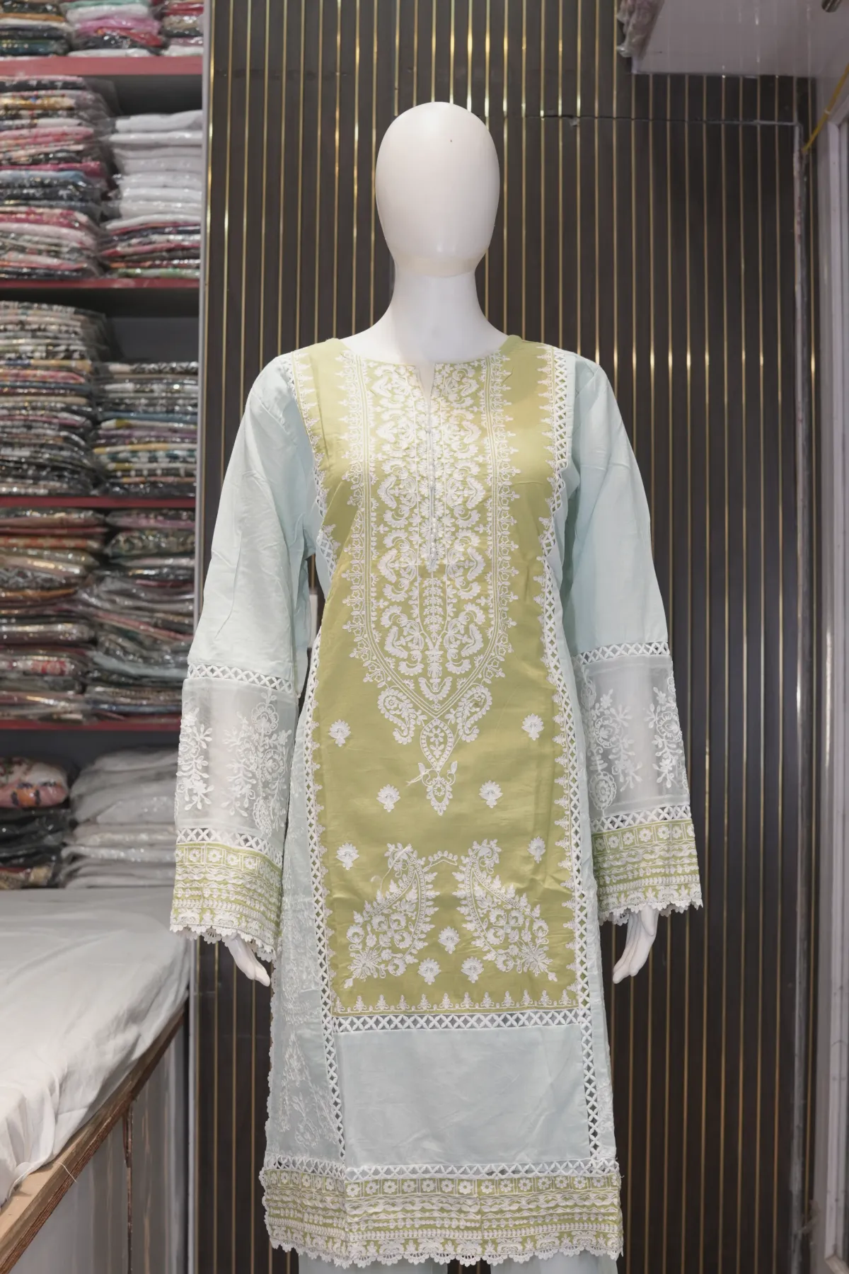 Pastel Green & Powder Blue Embroidered Straight Suit with Palazzo & Dupatta thumbnail 4