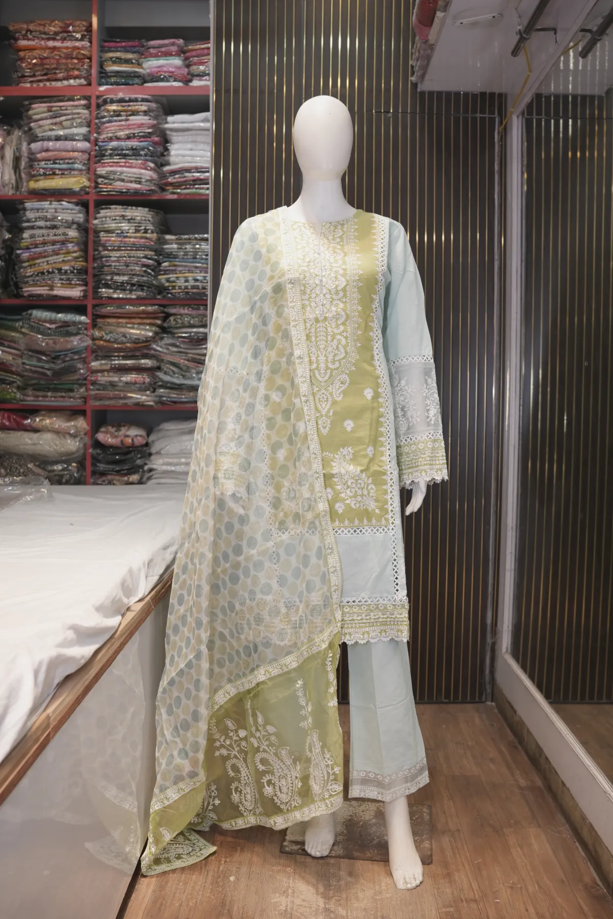 Pastel Green & Powder Blue Embroidered Straight Suit with Palazzo & Dupatta thumbnail 2