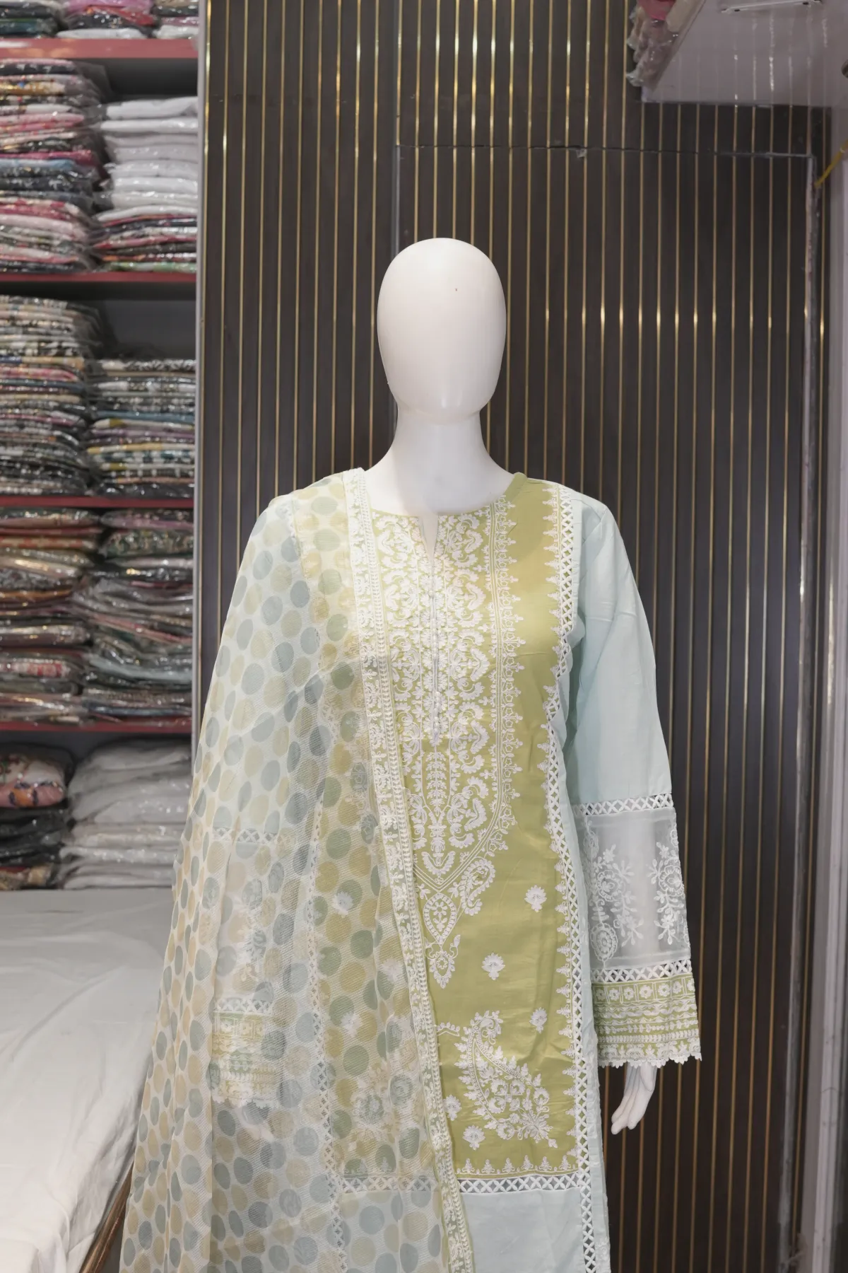 Pastel Green & Powder Blue Embroidered Straight Suit with Palazzo & Dupatta thumbnail 3