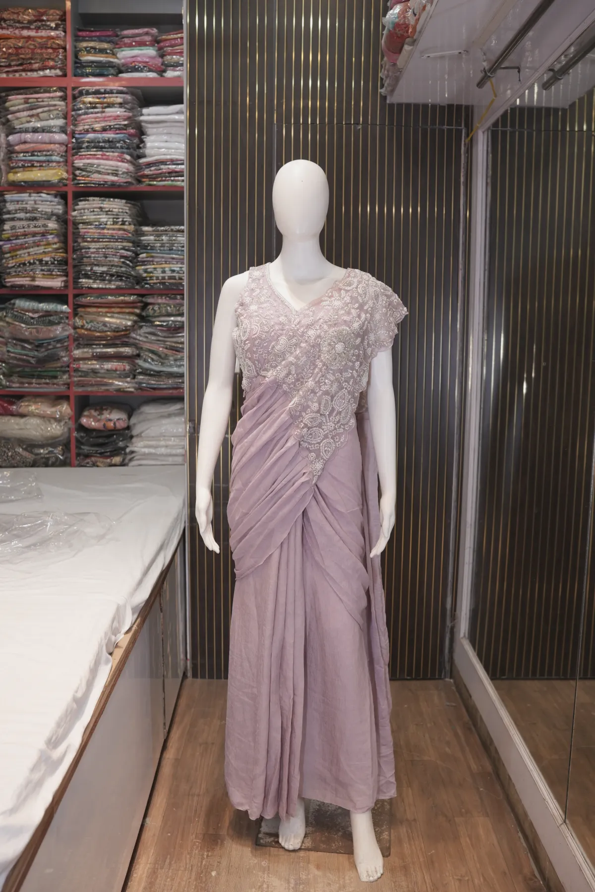 Lavender Embroidered Pre-Draped Saree Gown thumbnail 2