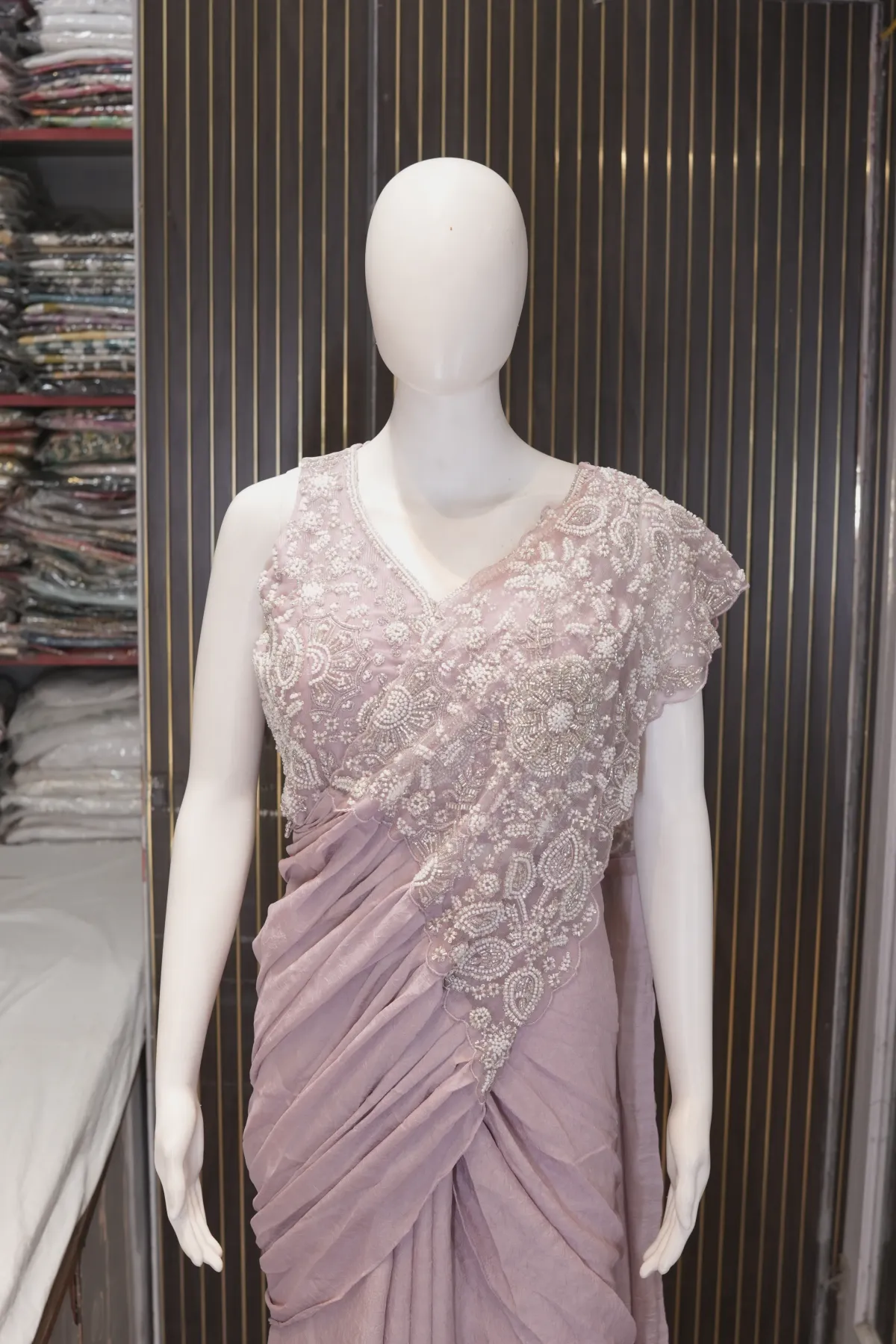 Lavender Embroidered Pre-Draped Saree Gown thumbnail 3