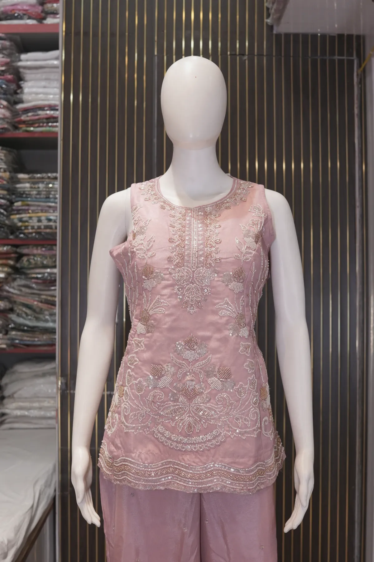 Dusty Blush Pink Embroidered Kurta with Palazzo Pants & Dupatta thumbnail 3