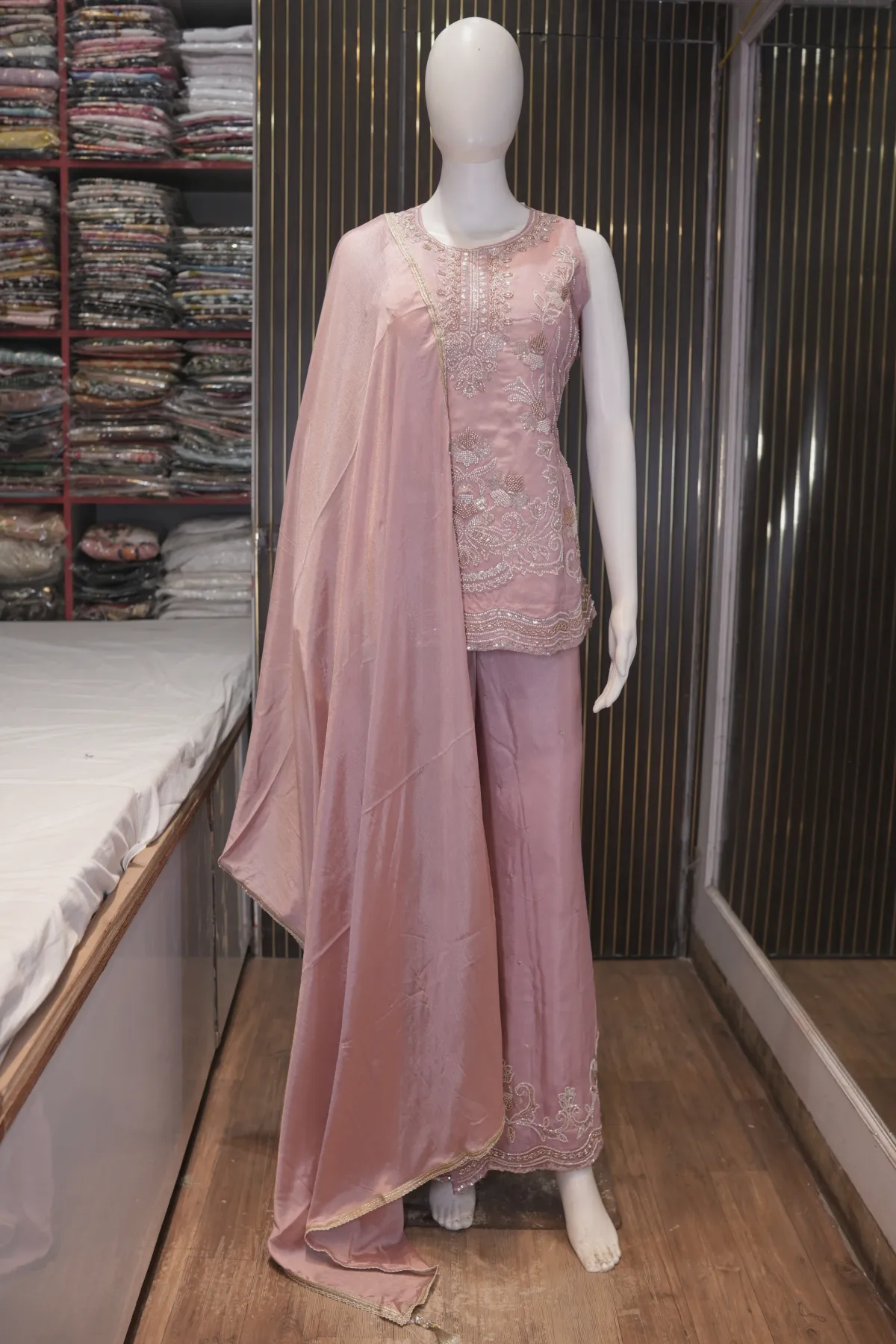 Dusty Blush Pink Embroidered Kurta with Palazzo Pants & Dupatta thumbnail 2