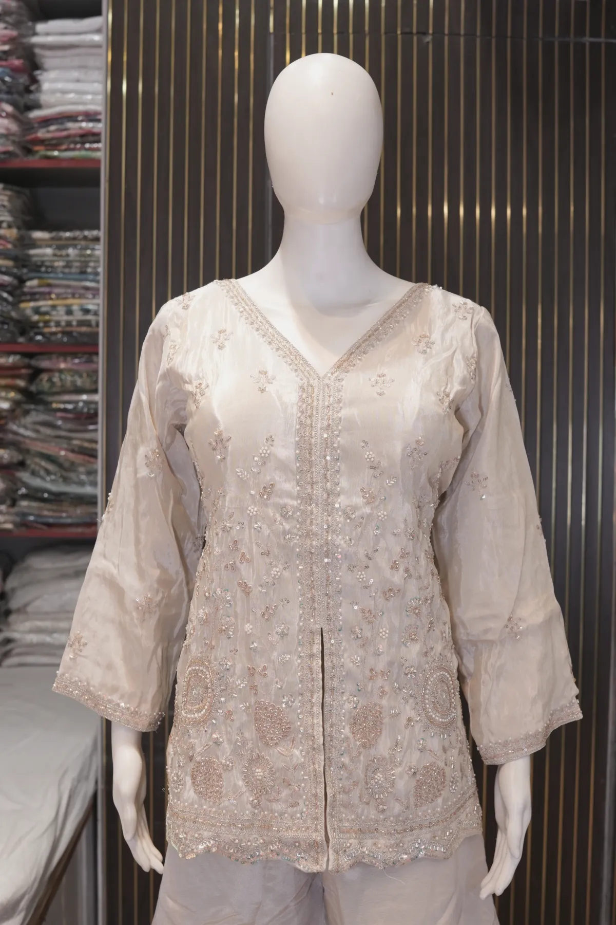 Ivory Embroidered Short Kurta with Flared Palazzo Pants thumbnail 3