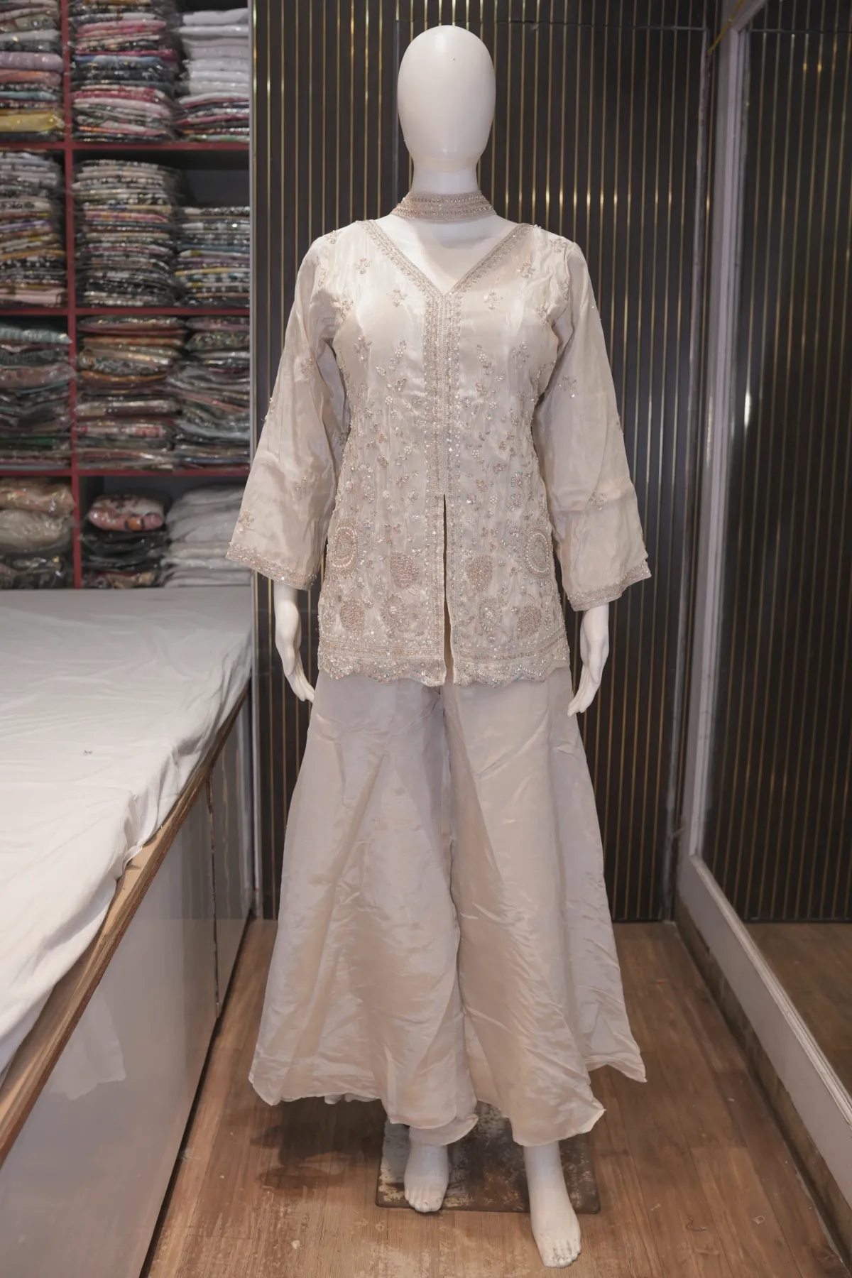 Ivory Embroidered Short Kurta with Flared Palazzo Pants thumbnail 2