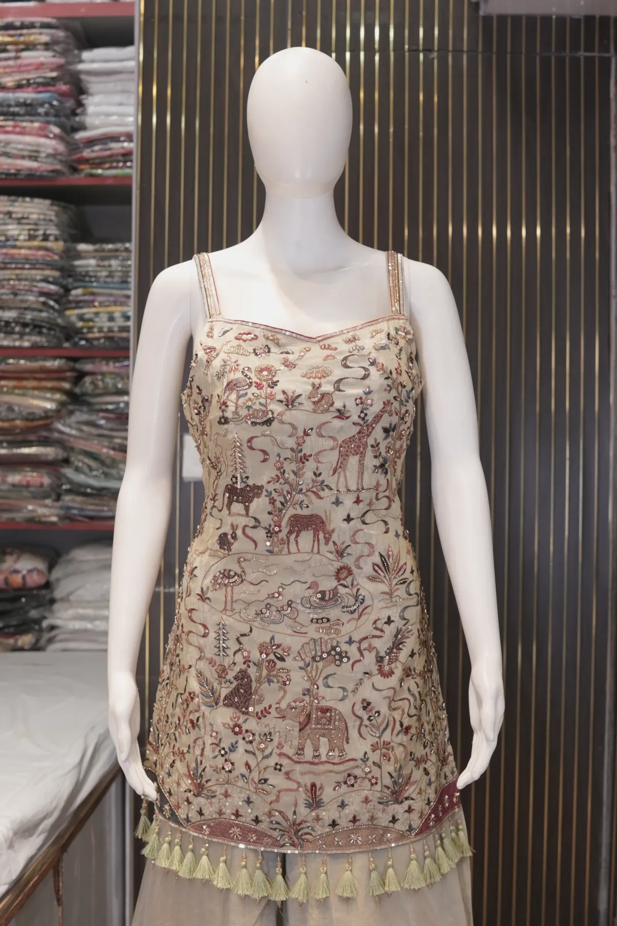 Beige Embroidered Elephant Motif Peplum Kurta Top thumbnail 2