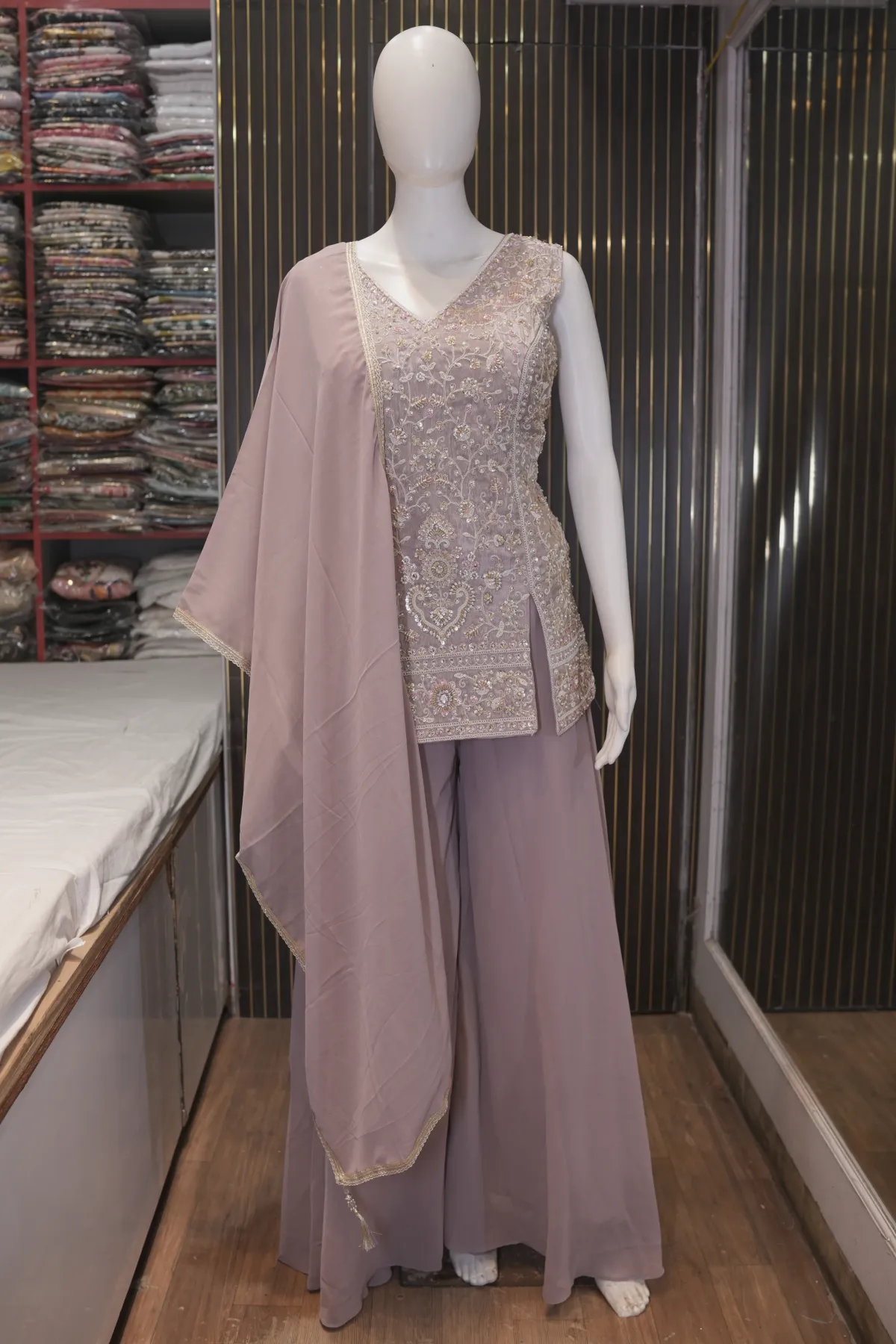 Dusty Mauve Embroidered Asymmetric Kurta with Palazzo Pants & Dupatta thumbnail 2
