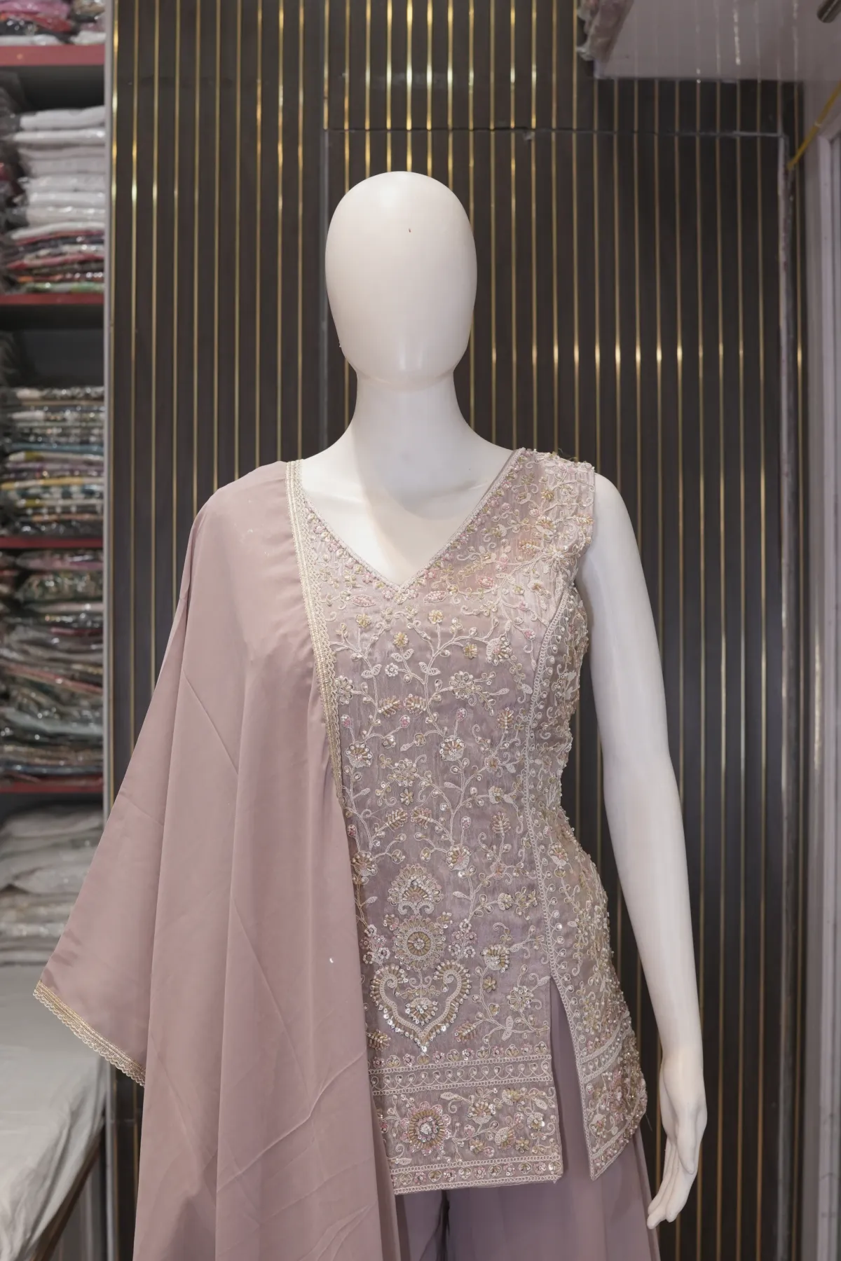 Dusty Mauve Embroidered Asymmetric Kurta with Palazzo Pants & Dupatta thumbnail 3