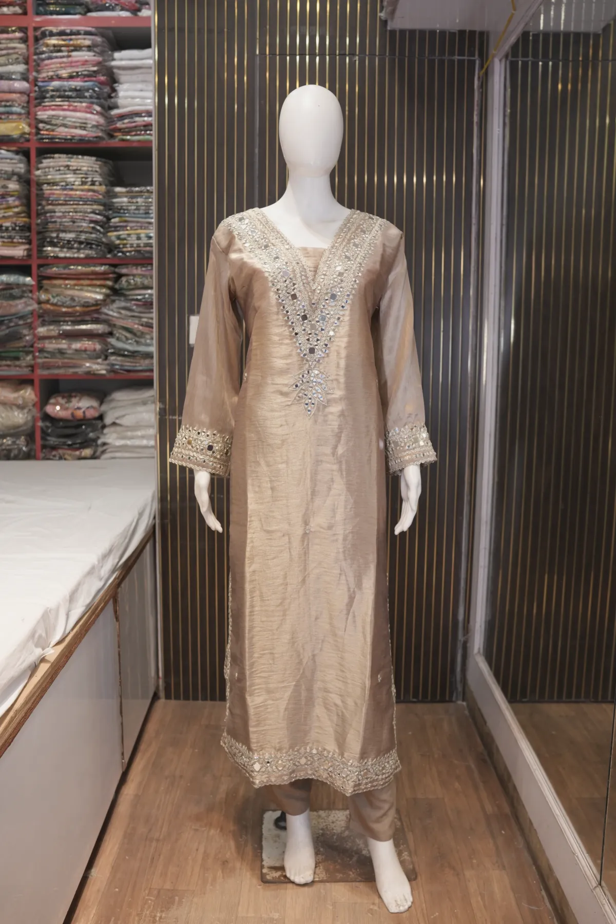 Champagne Beige Embellished Straight Kurta with Trousers thumbnail 2